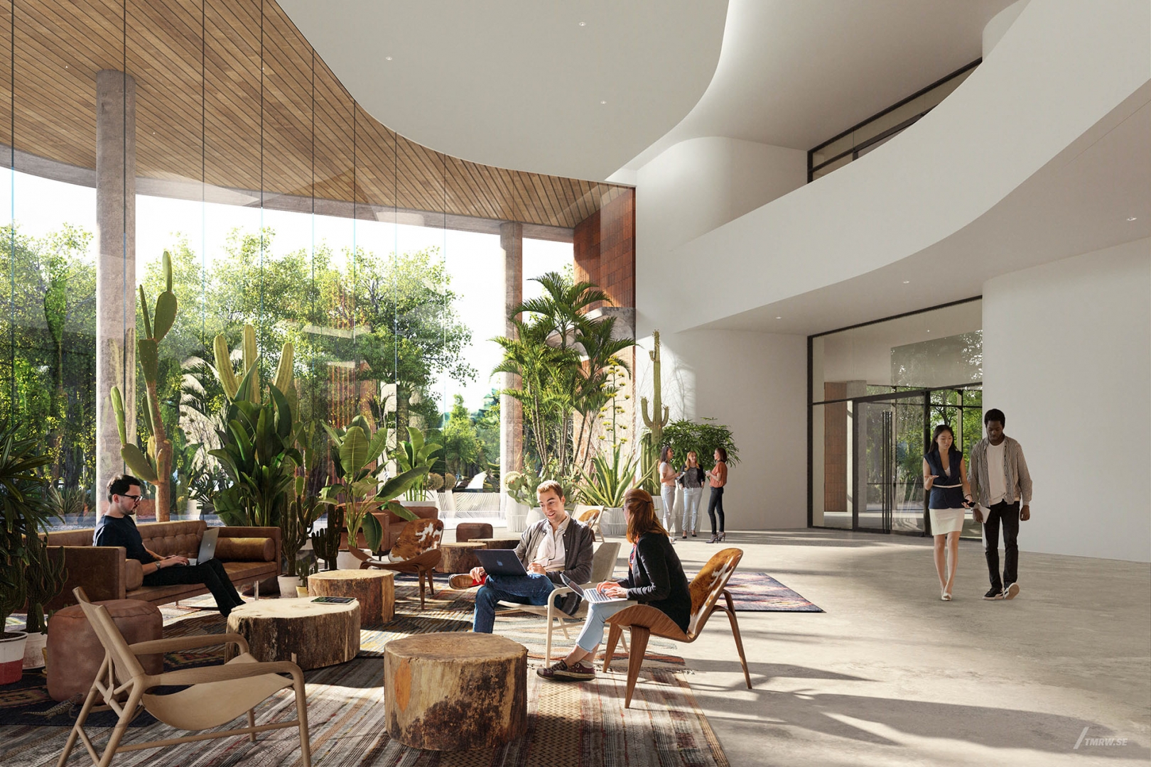 Architectural visualization of Springdale Green for Gensler, people socialize in the lounge area