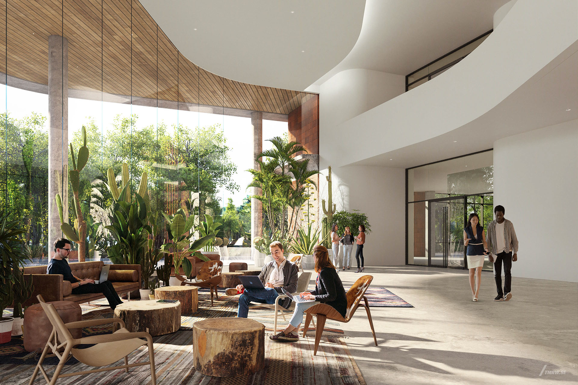 Architectural visualization of Springdale Green for Gensler, people socialize in the lounge area