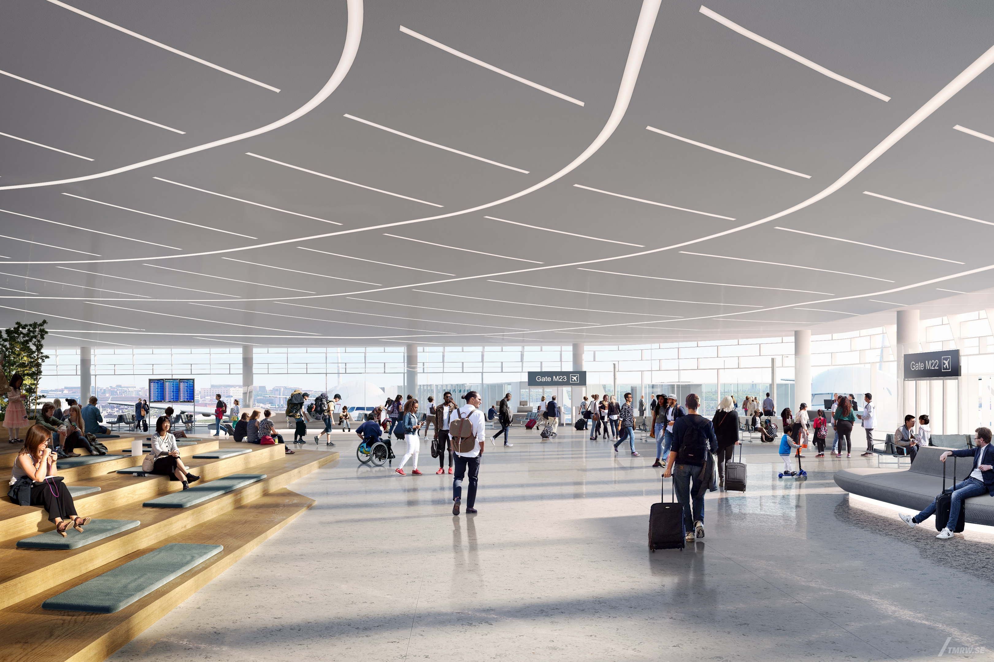 Architectural visualization of Chicago O'Hare for HOK. A image of the interior inside an airport with people walking around. This is in daylight.
