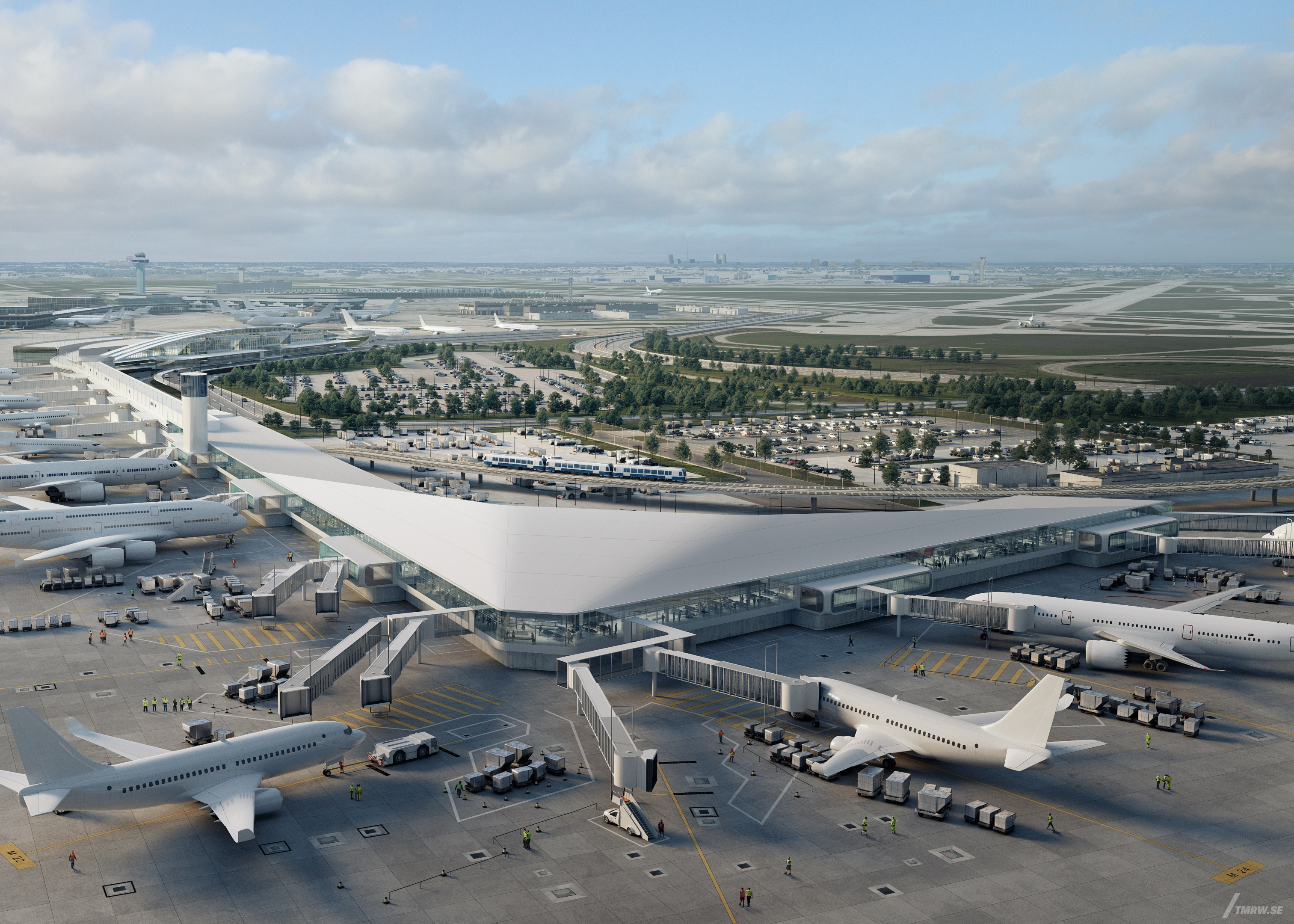 Architectural visualization of Chicago O'Hare for HOK. A image of an airport in daylight from airal view.