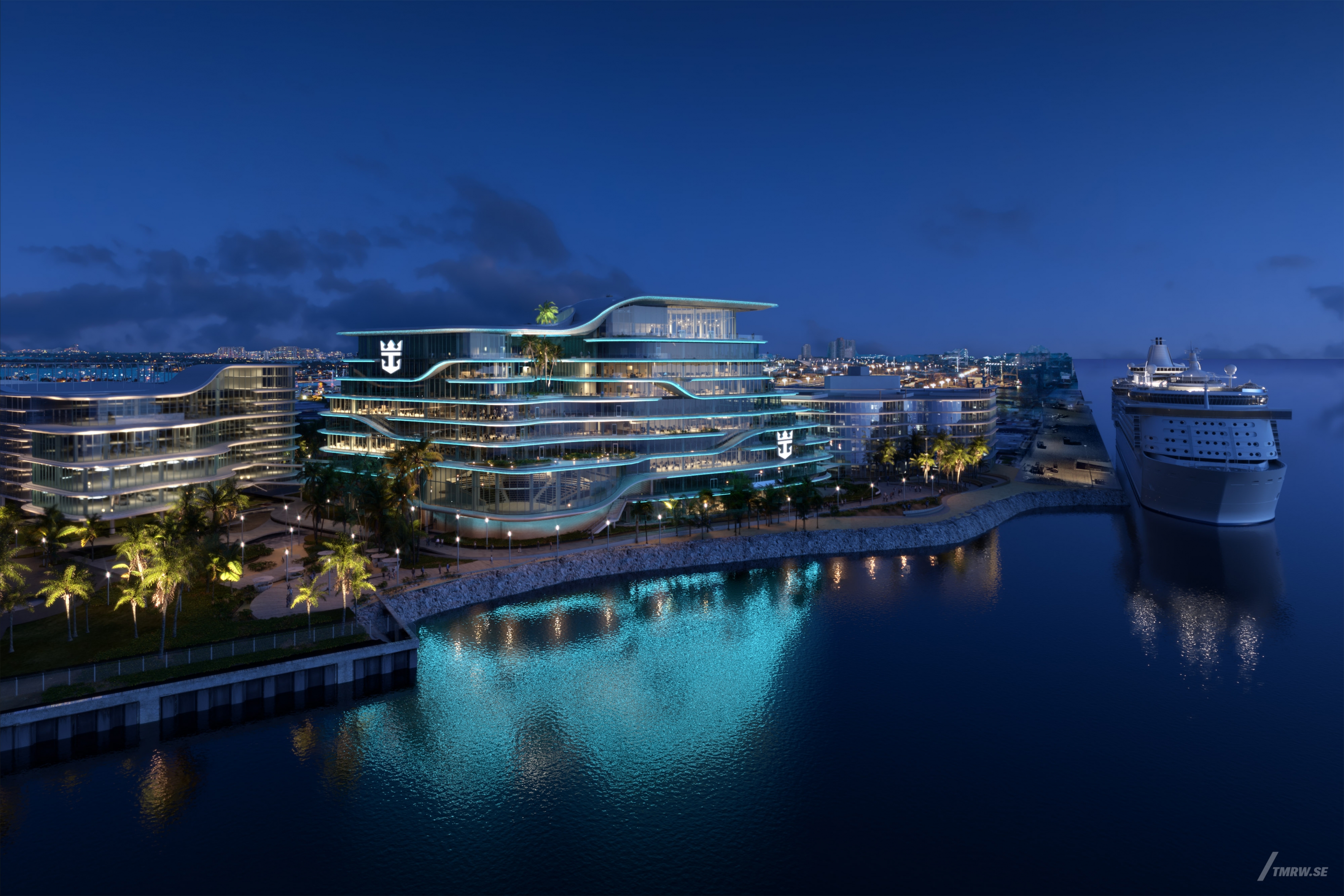 Architectural visualization of Royal Caribbean for HOK. An image of a building in front of a cruise ship with strings of lights along the edges. The picture is from an aerial view in night light.