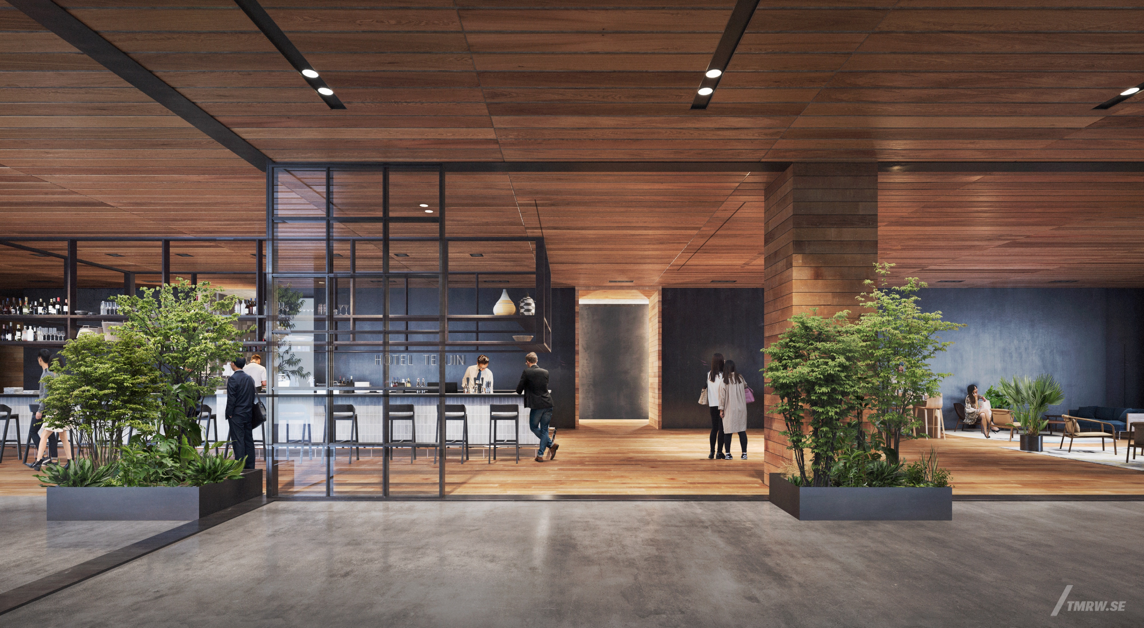 Architectural visualization of Shin Fukuoka for KPF. A image of the interior of an office with people hanging out in the lobby in daylight.
