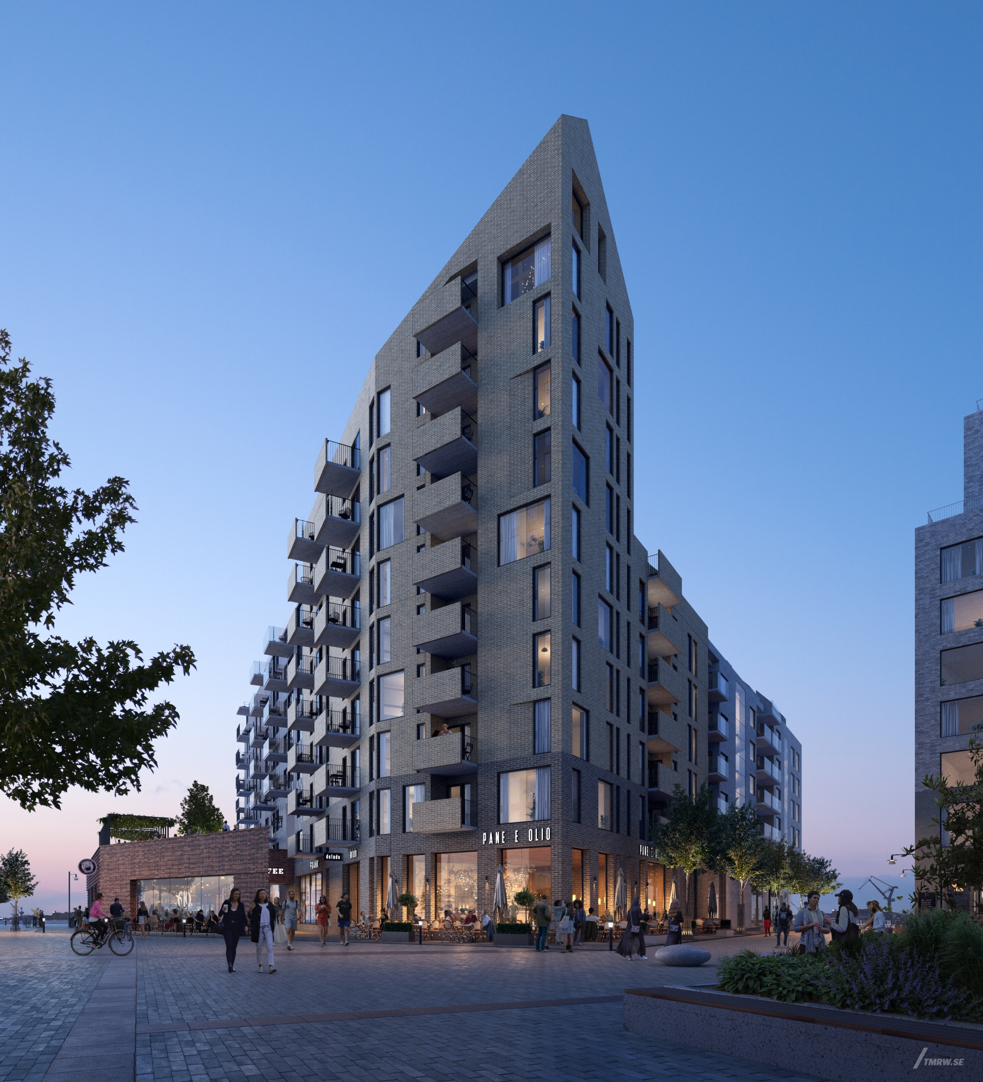 Architectural visualization of Masthuggskajen for Kub/Stena Fastigheter. A image of a residental building in dusk from street view.