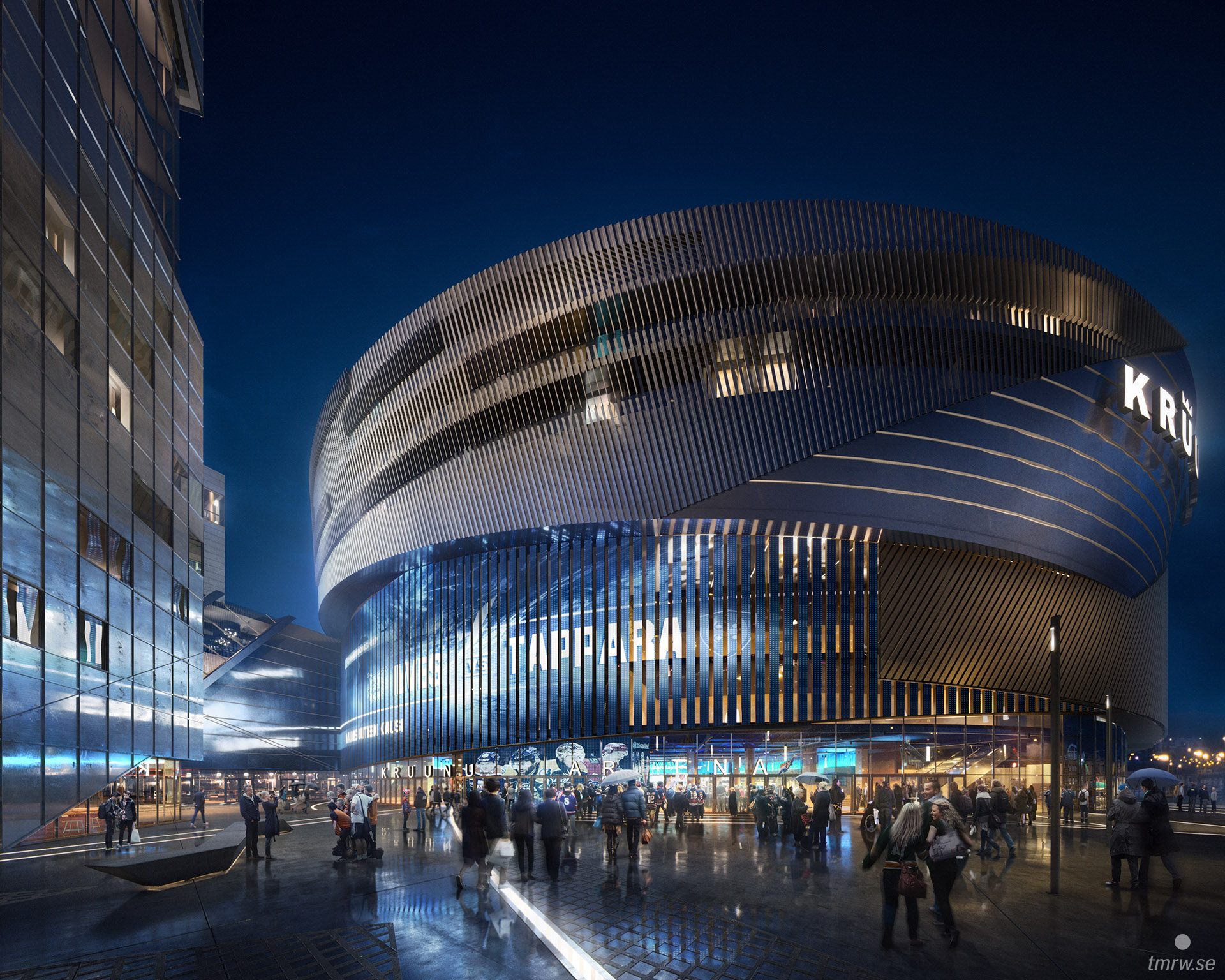 Architectural visualization of Tampere for Libeskind. A image of an arena at night.