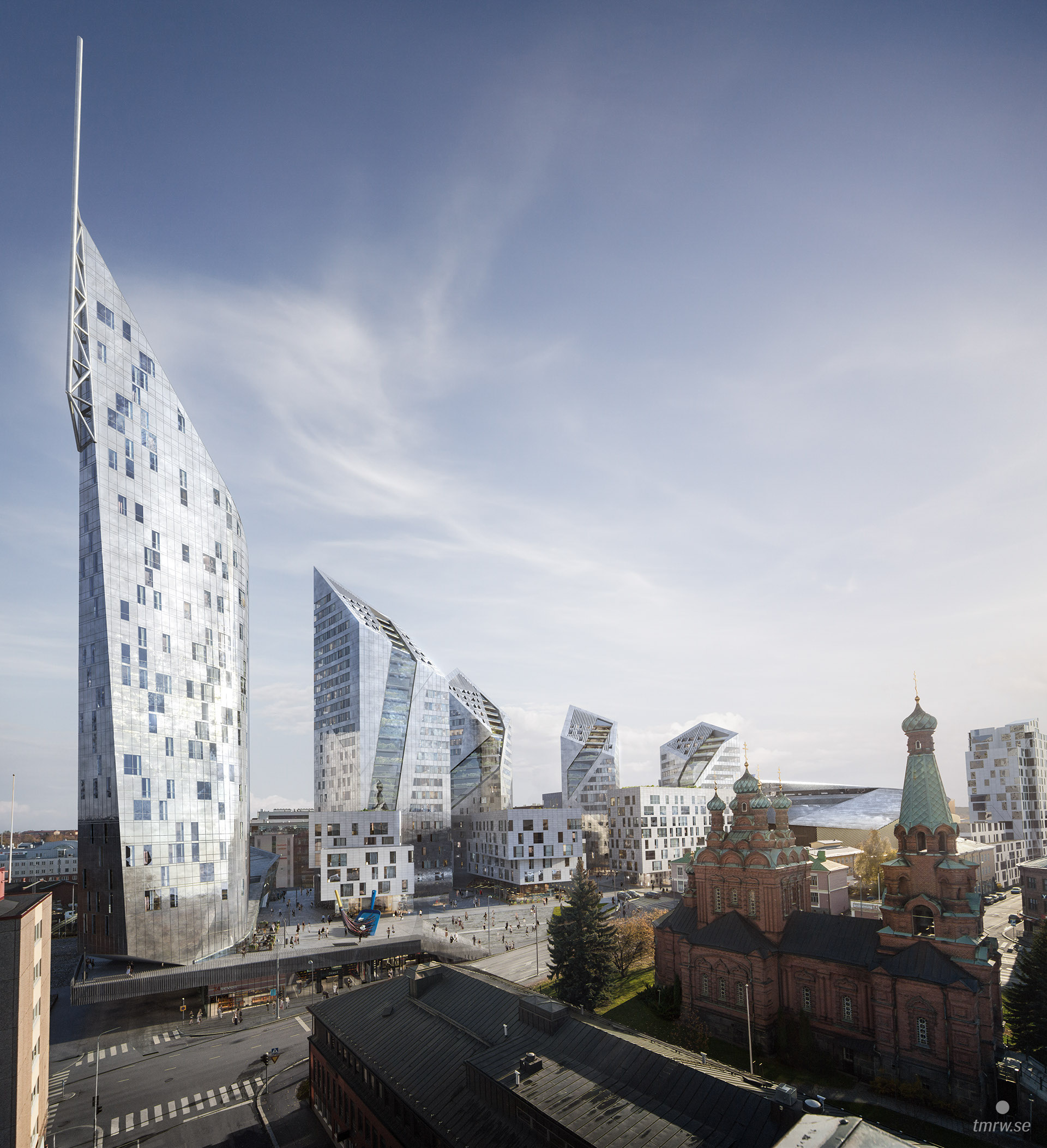 Architectural visualization of Tampere for Libeskind. A image of several buildings from semi aerial view in daylight.