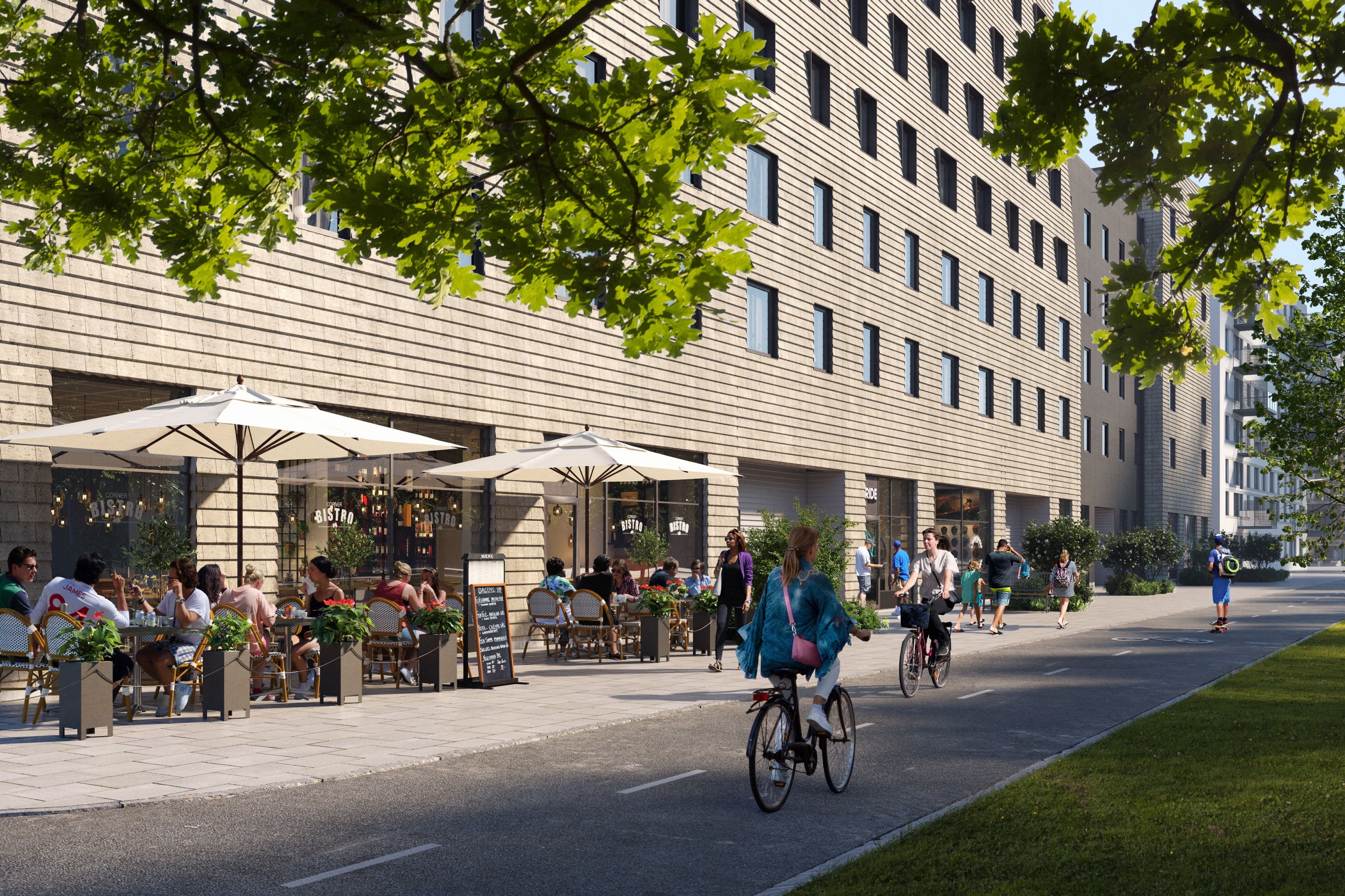 Architectural visualization of Lindholmshamnen for Riksbyggen. A image of the exterior of a residential building with a bike lane in front of the building in daylight.