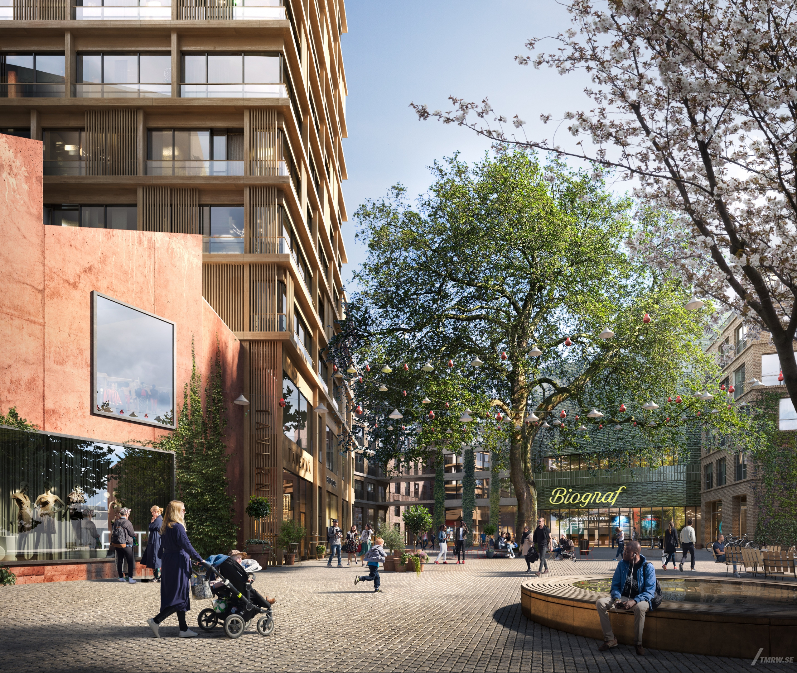 Architectural visualization of Lund for Marge. A image of the exterior of an retail building. People walking on a square in daylight.