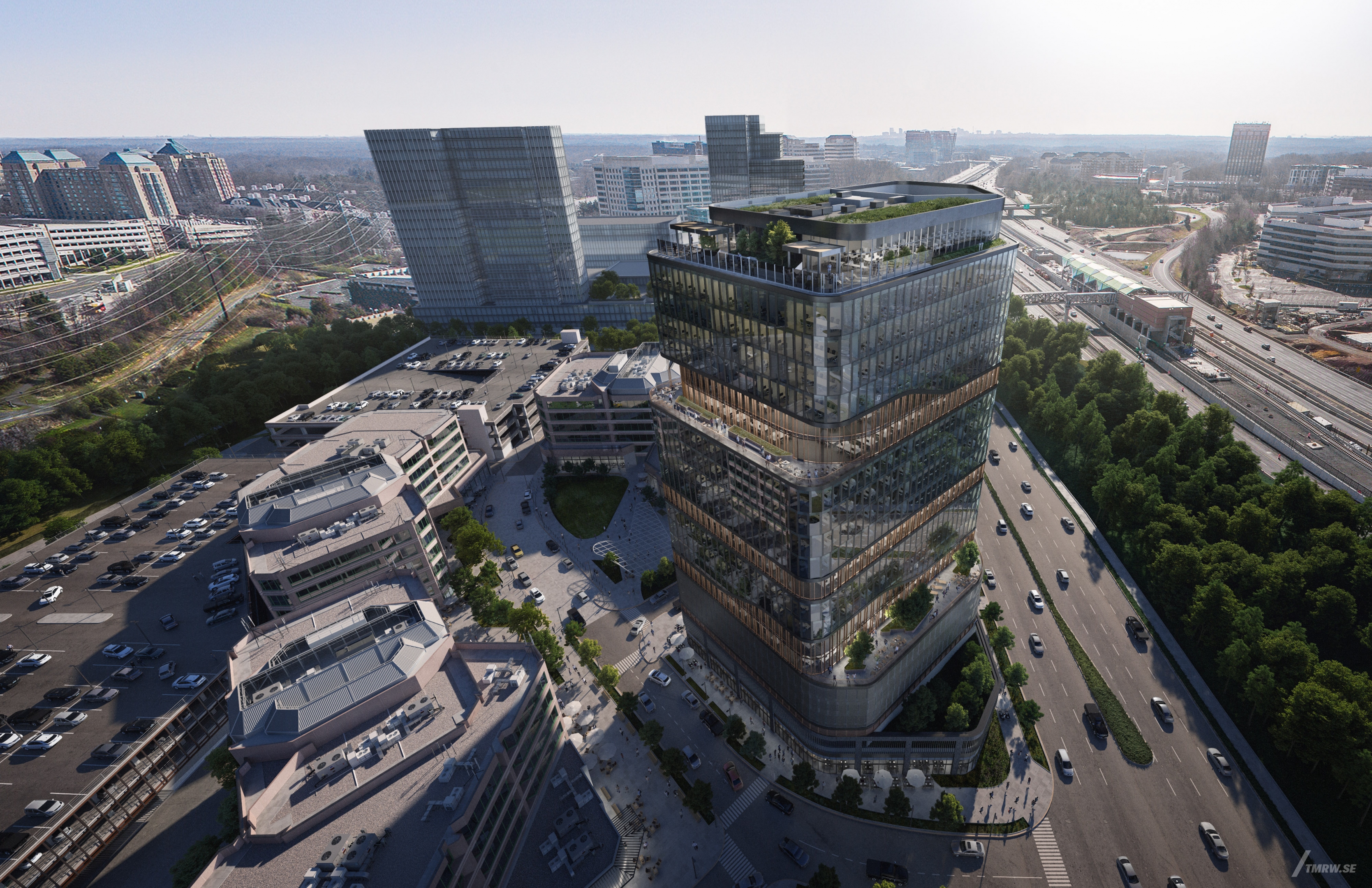 Architectural visualization of RTC West Trophy for Studios. A image of an office building with glass-faced in daylight.