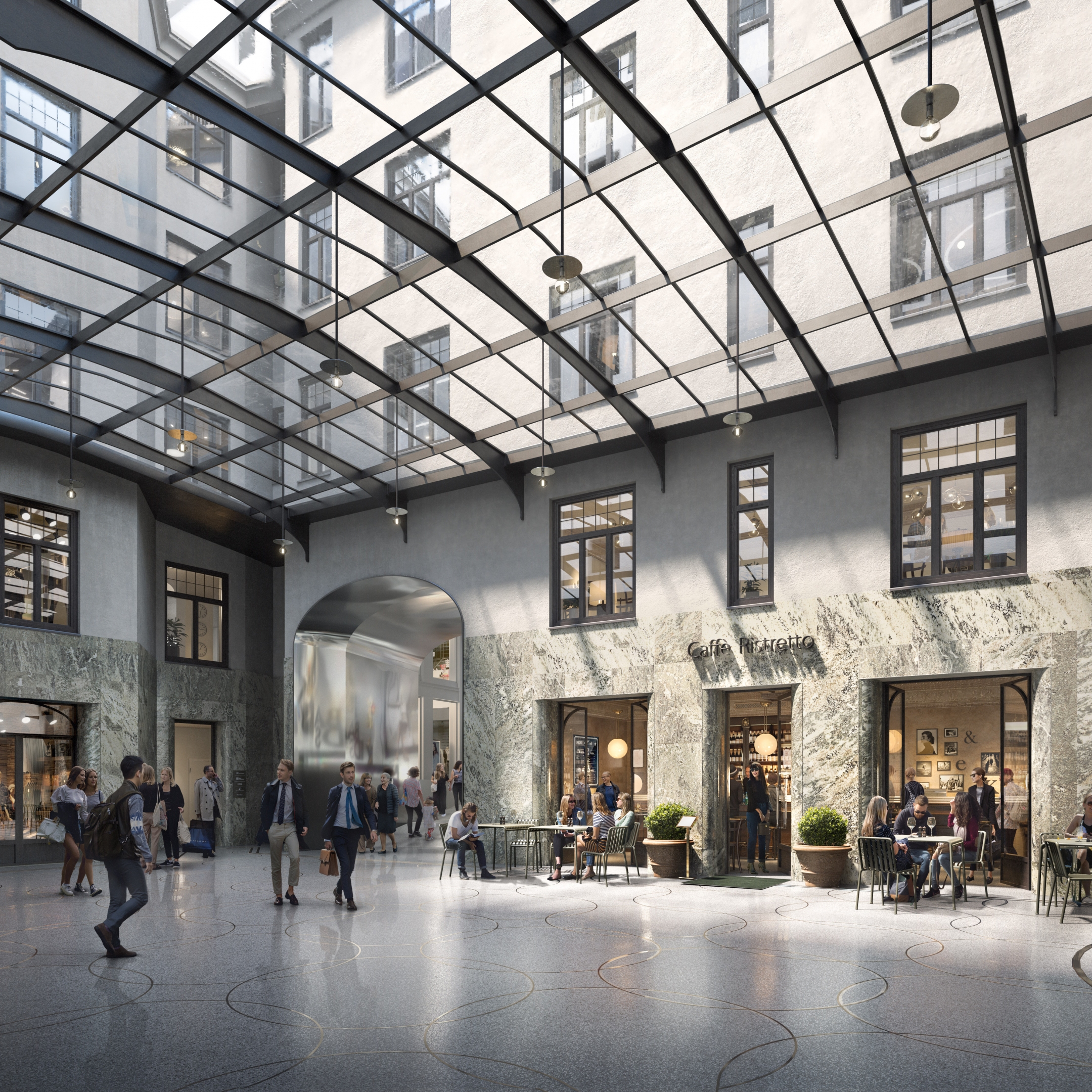 Architectural visualization of Sturekvarteret for TAM Group. A image of the interior inside a retail buildning with glass roof. People walking around in the mall square.