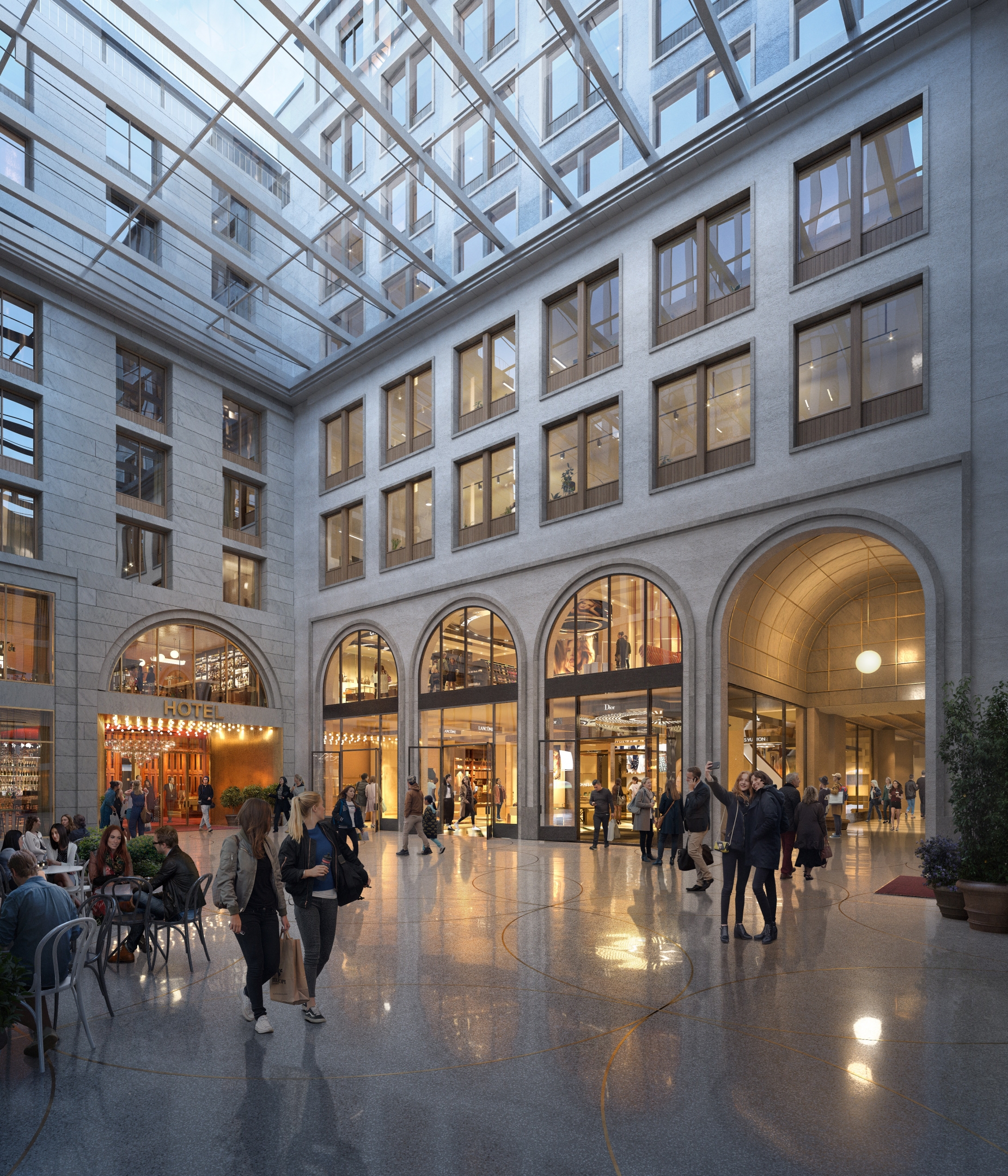 Architectural visualization of Stureplanskvarteret for TAM Group. A image of the interior inside a retail buildning with glass roof. People walking around in the mall square. In daylight.
