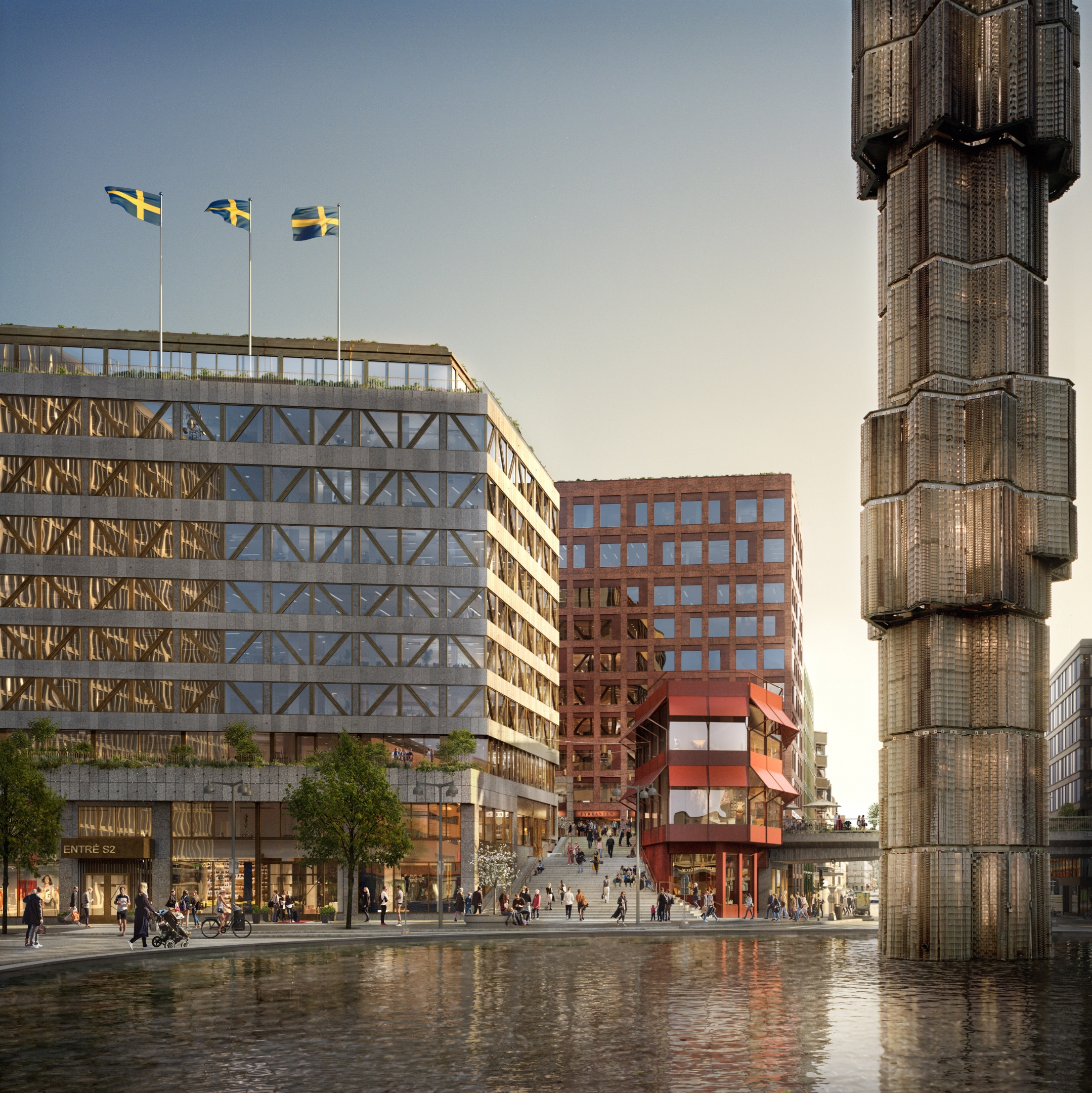 Architectural visualization of Sergelstan for Vasakronan. A image of several buildings in daylight. A big pond and people walking around in front of the buildings.