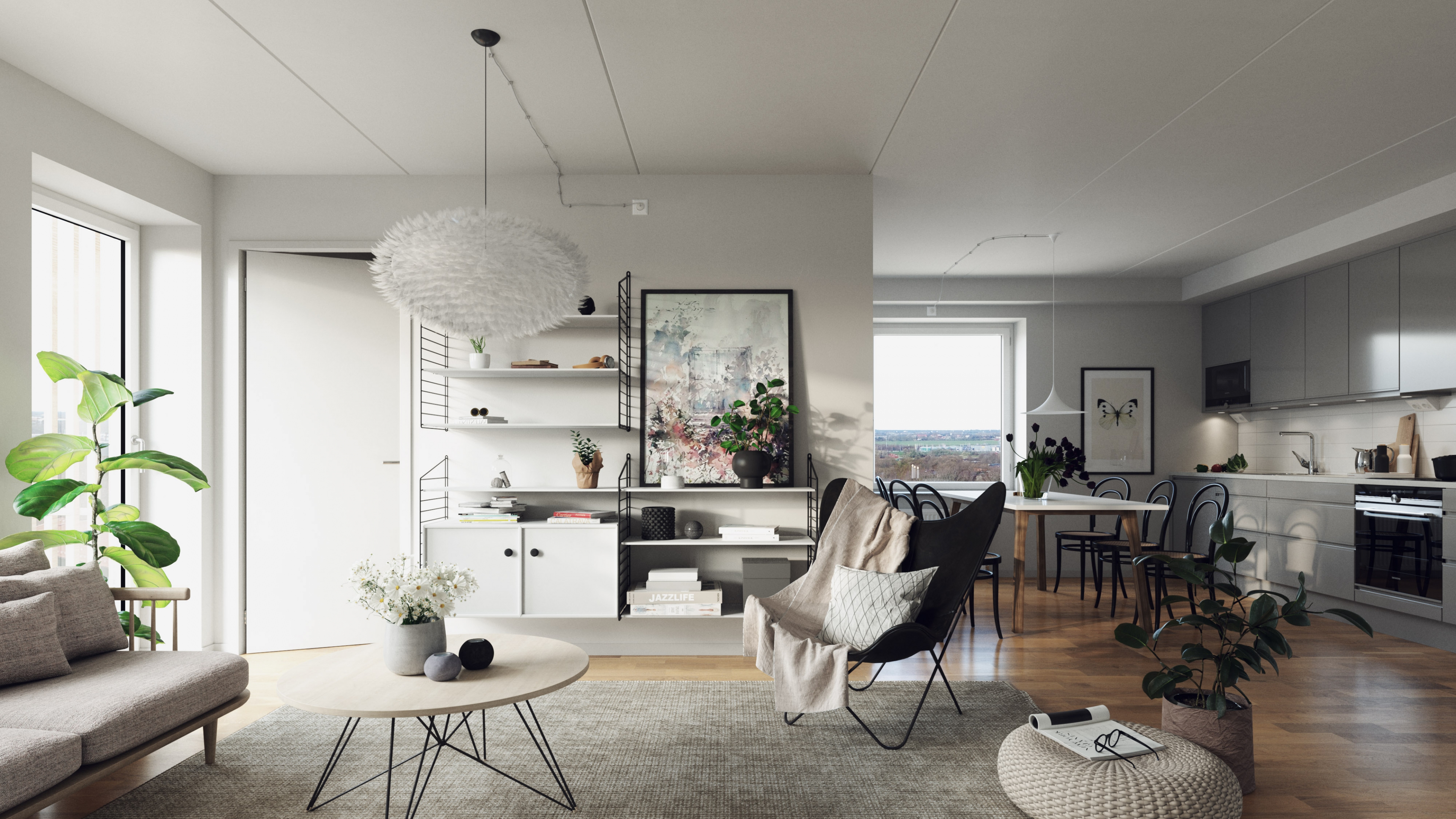 Architectural visualization of Gröna Lund for Veidekke. A image of the interior of a residential building in daylight.