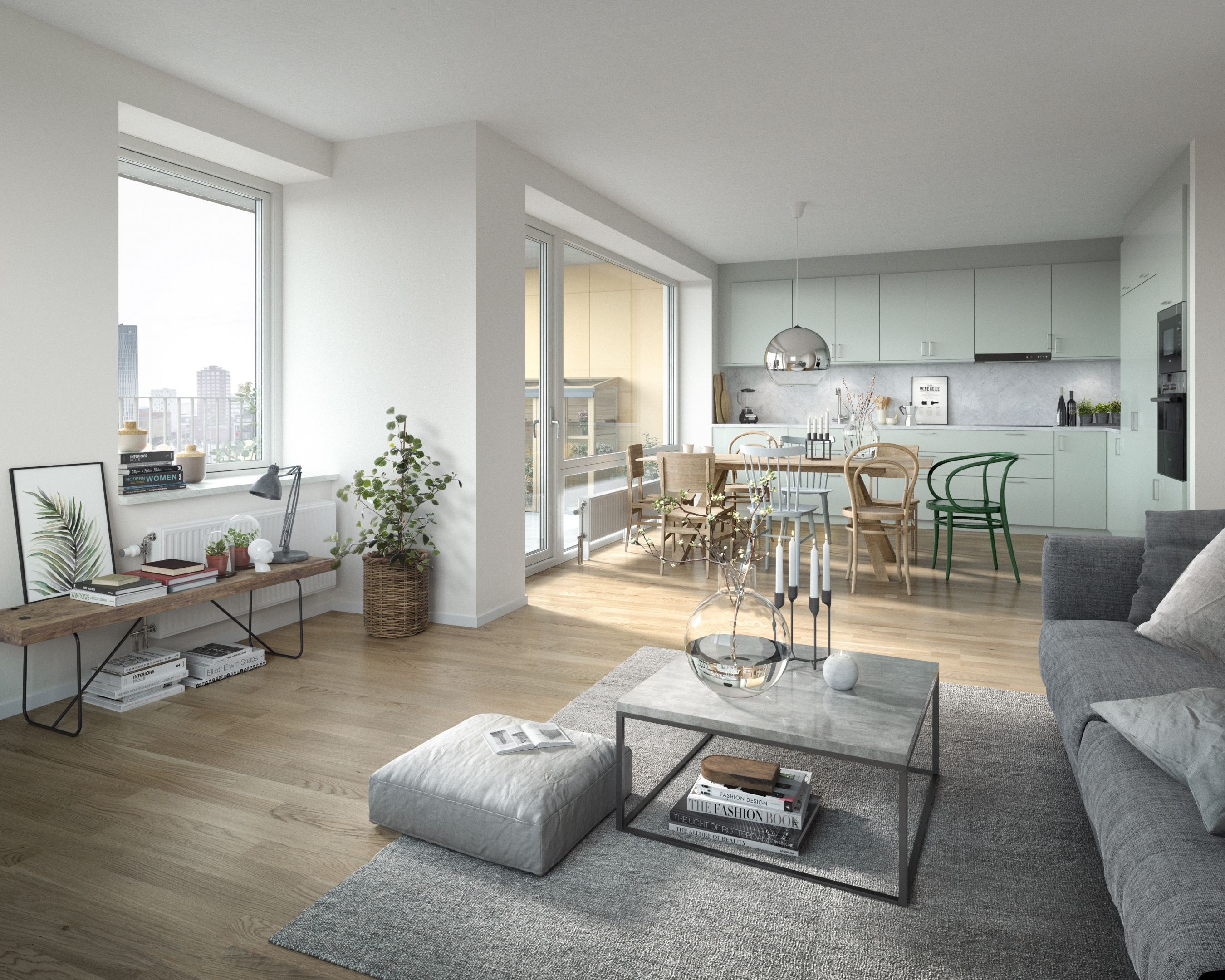 Architectural visualization of Malmo Living for Veidekke. A image of the interior of a residential building in daylight. A livingroom connected with a kitchen.