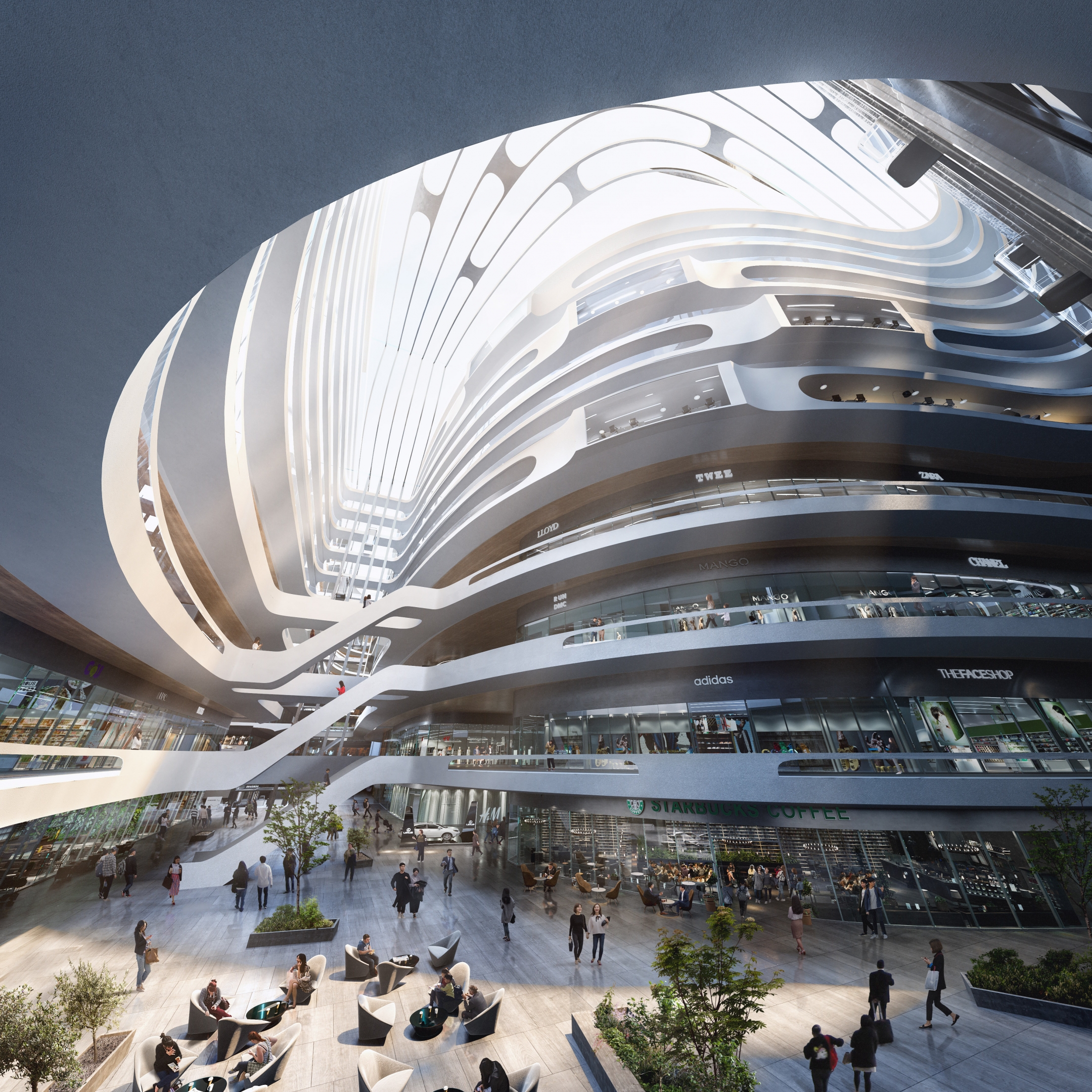 Architectural visualization of Alphadome for Zaha Hadid. A image of the interior in a retail/office building in daylight. Sun rays come through the glass roof.