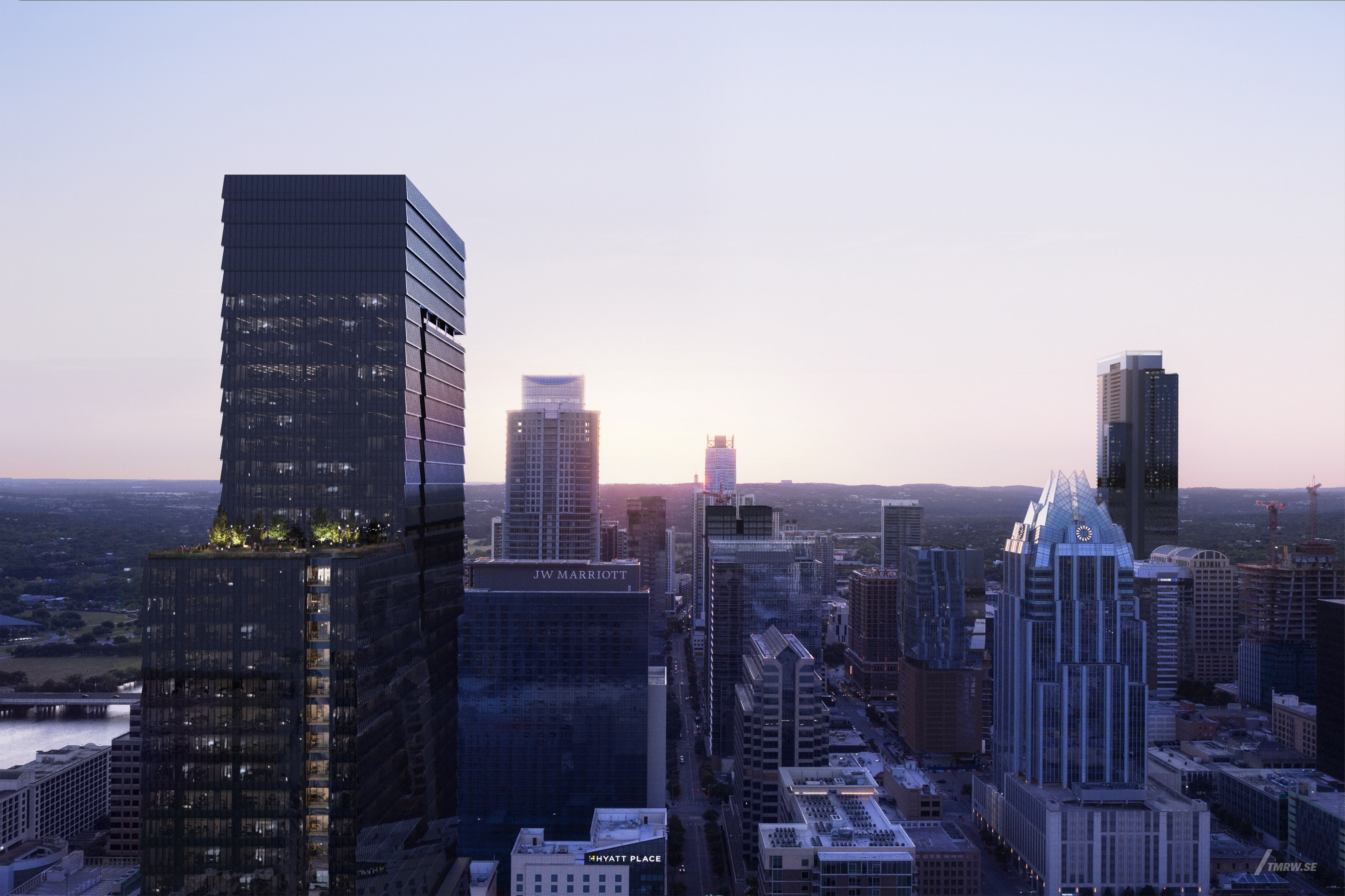 Architectural visualization of Block 16 for Gensler. A image of several office buildings at dusk from a semi aerial view.