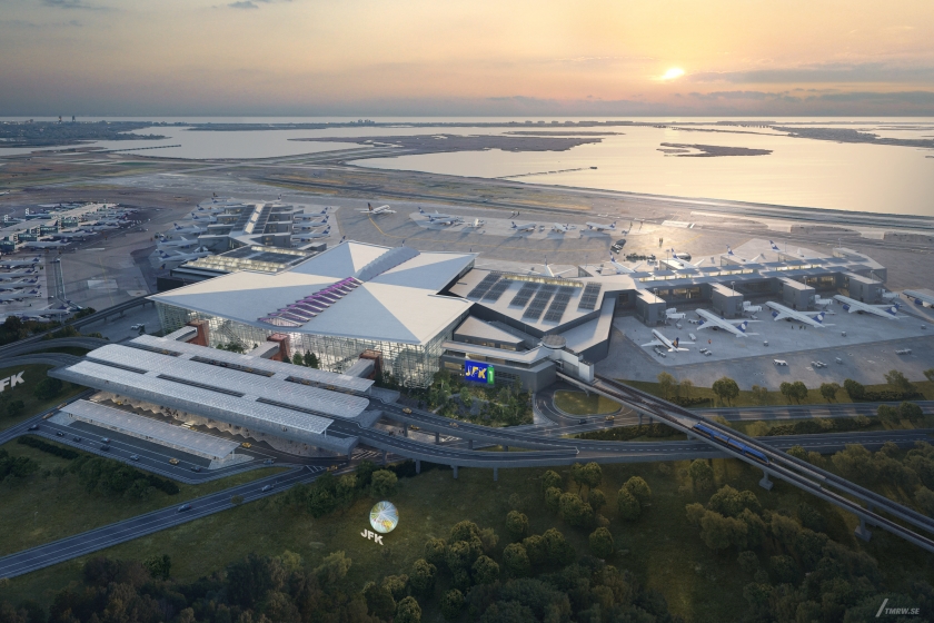 Architectural visualization of JFK Airport for Gensler. A image of a airport from aerial view in daylight.