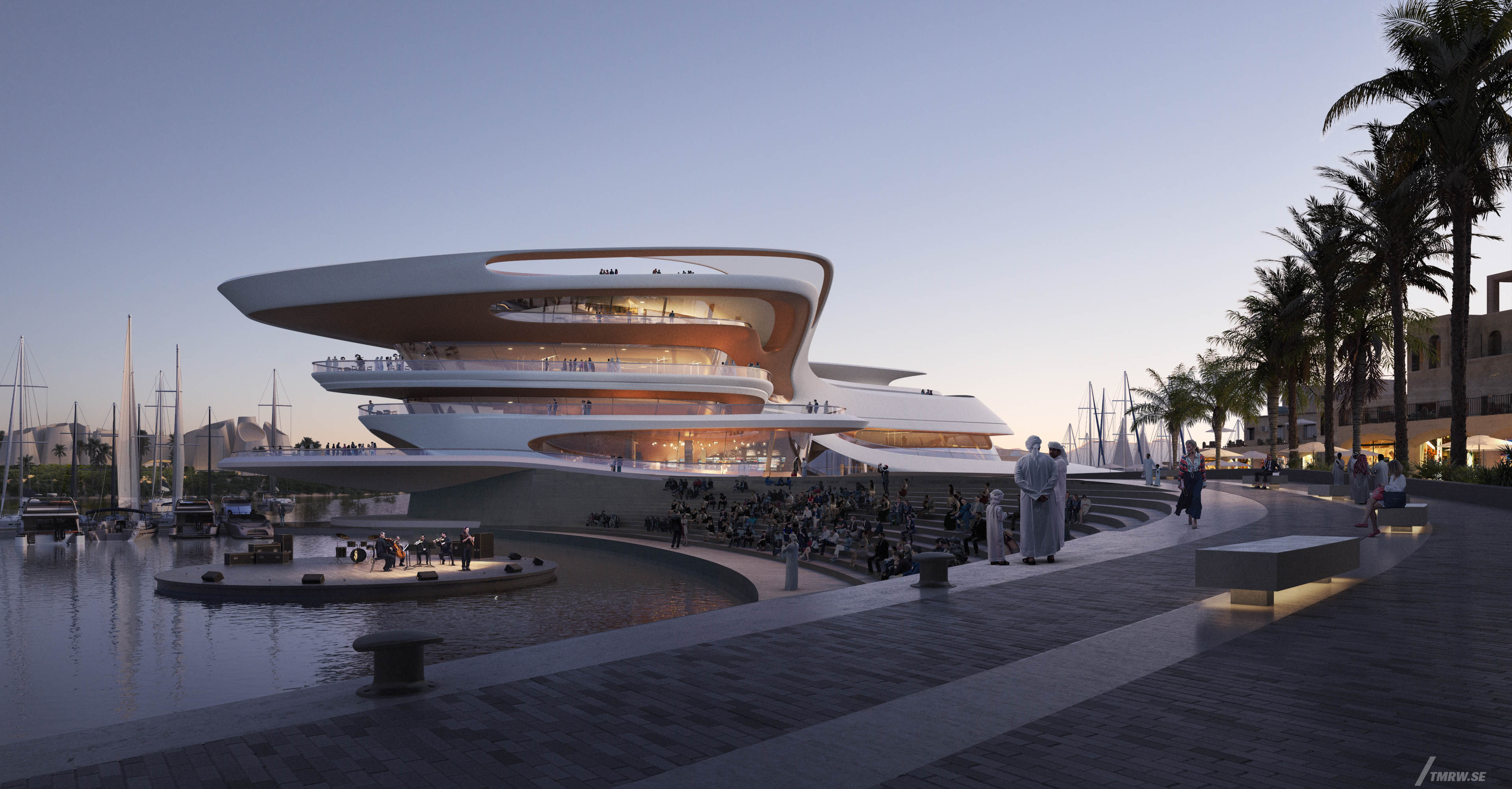 Architectural visualization of Red Sea Yacht Club for HKS/The Red Sea Developement Company. A image of the exterior of a building surrounded by sea with a stage in front of. At dusk from street view.