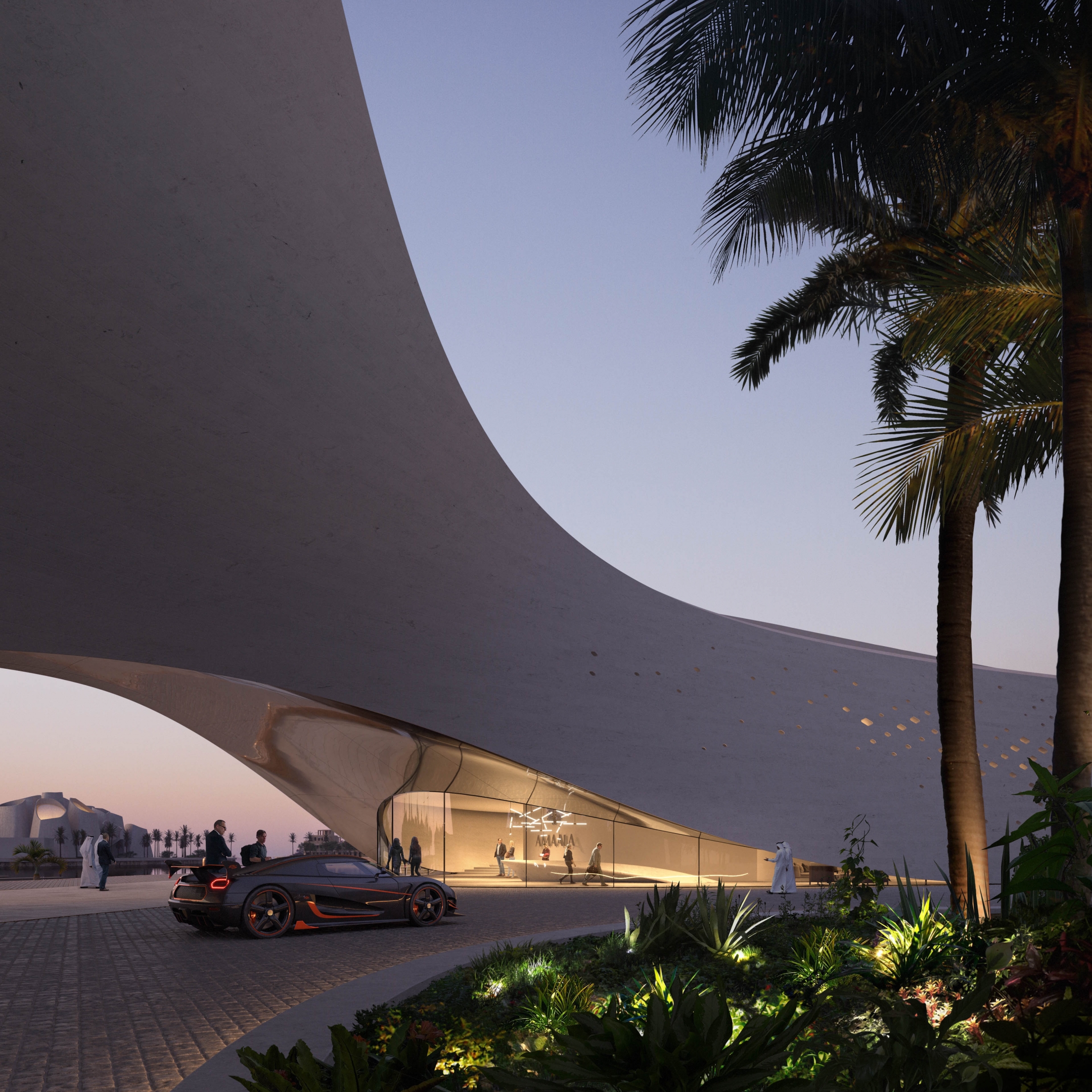 Architectural visualization of Red Sea Yacht Club for HKS/The Red Sea Developement Company. A image of the exterior of a building with a car in front of. At dusk from ground view.