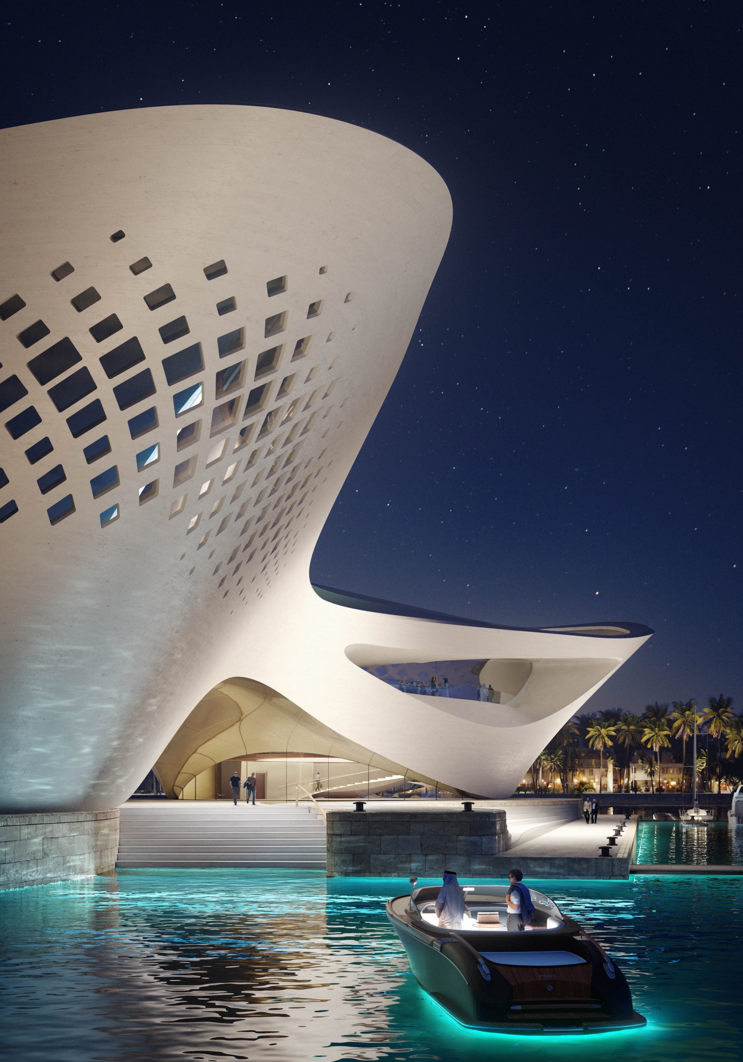 Architectural visualization of Red Sea Yacht Club for HKS/The Red Sea Developement Company. A image of a building next to the sea with a boat at night from ground view.