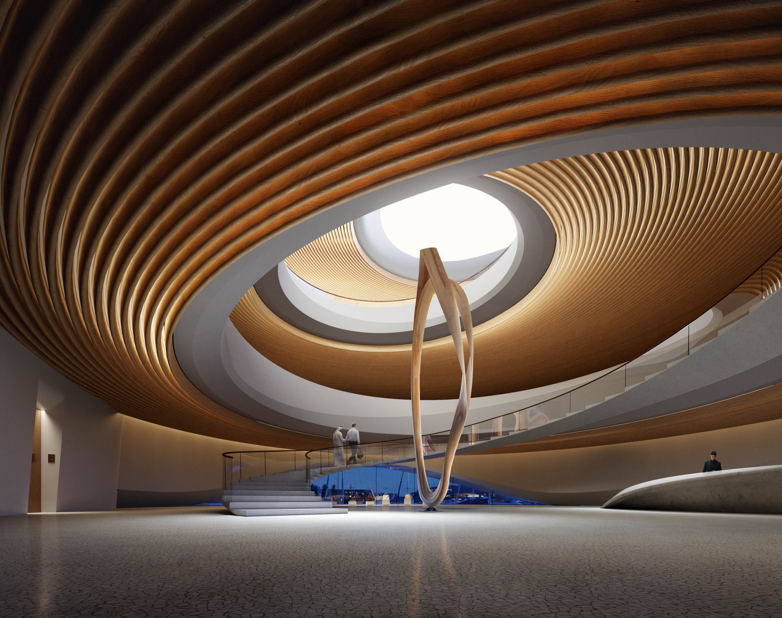 Architectural visualization of Red Sea Yacht Club for HKS/The Red Sea Developement Company. A image of the interior of a lobby with a stair in the middle in daylight from ground view.
