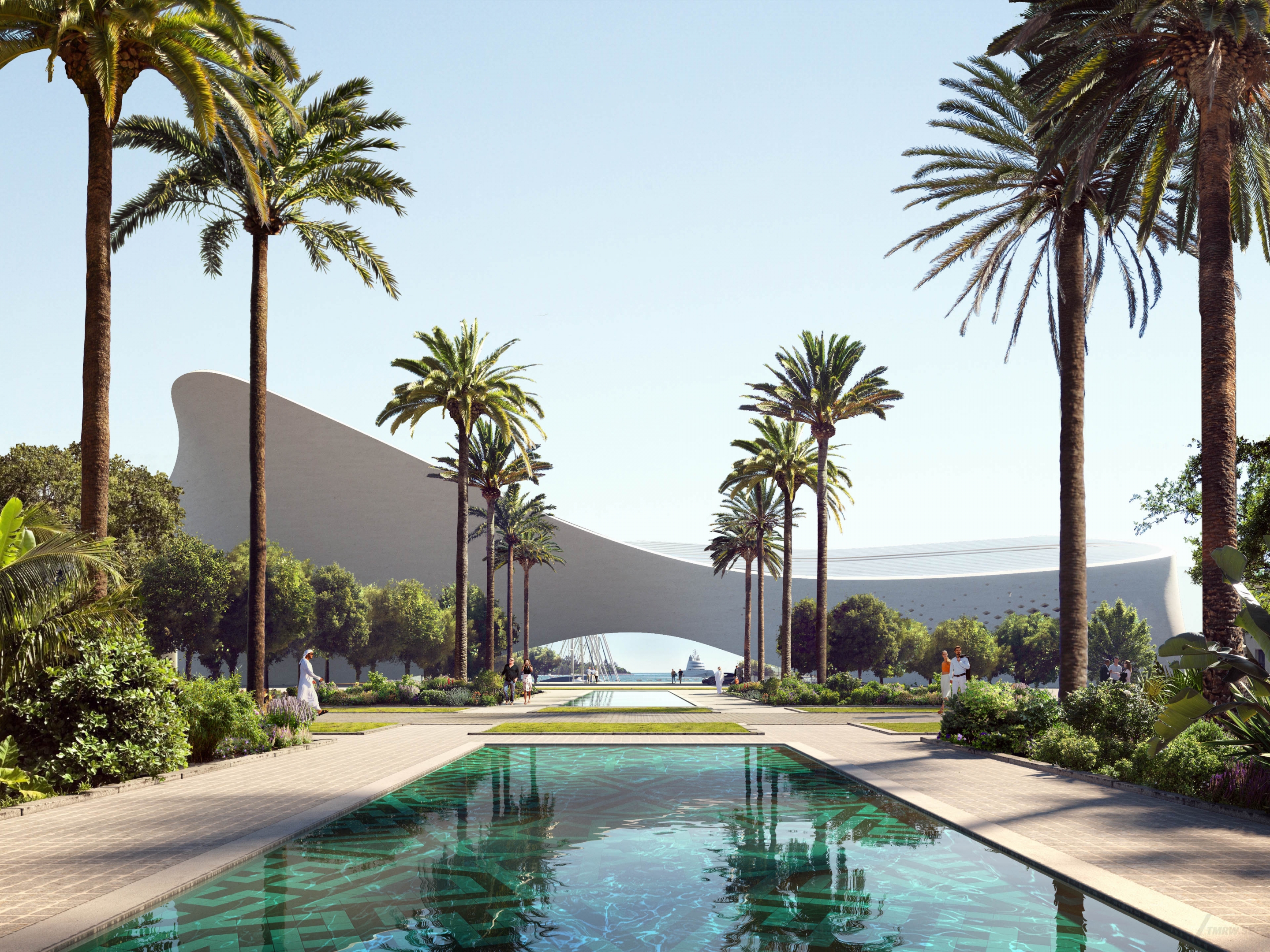 Architectural visualization of Red Sea Yacht Club for HKS/The Red Sea Developement Company. A image of a pool complex in front of a building in daylight from ground view.