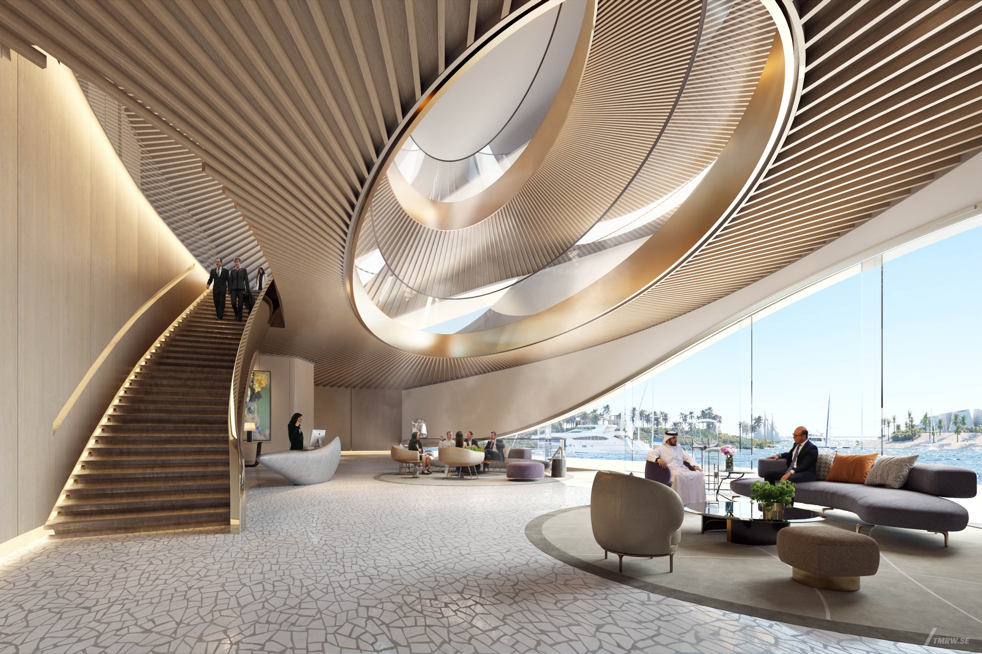 Architectural visualization of Red Sea Yacht Club for HKS/The Red Sea Developement Company. A image of the interoir of a lobby with people sitting in the area in daylight.