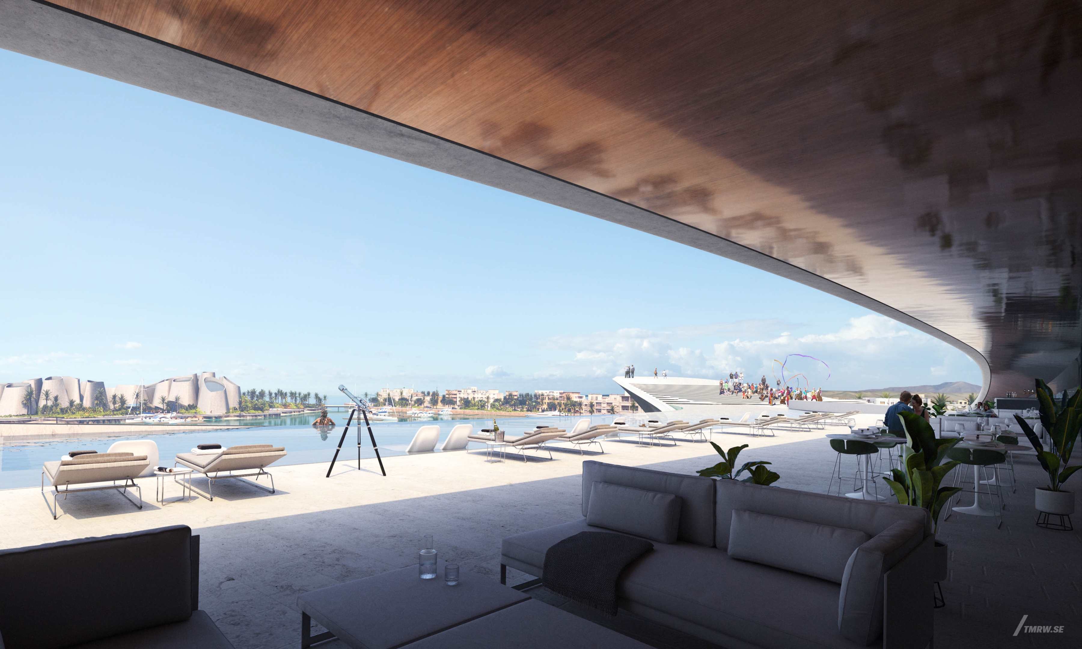 Architectural visualization of Red Sea Yacht Club for HKS/The Red Sea Developement Company. A image of the interoir of a resturant with seaview in daylight. From ground view.