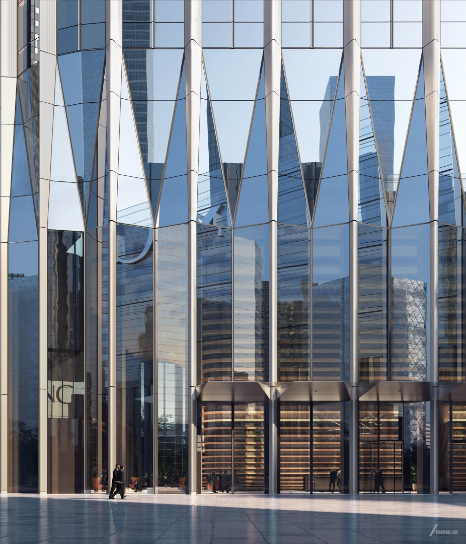 Architectural visualization of CFL Wuhan for KPF. An image of the entrence of a office building from street view in daylight.