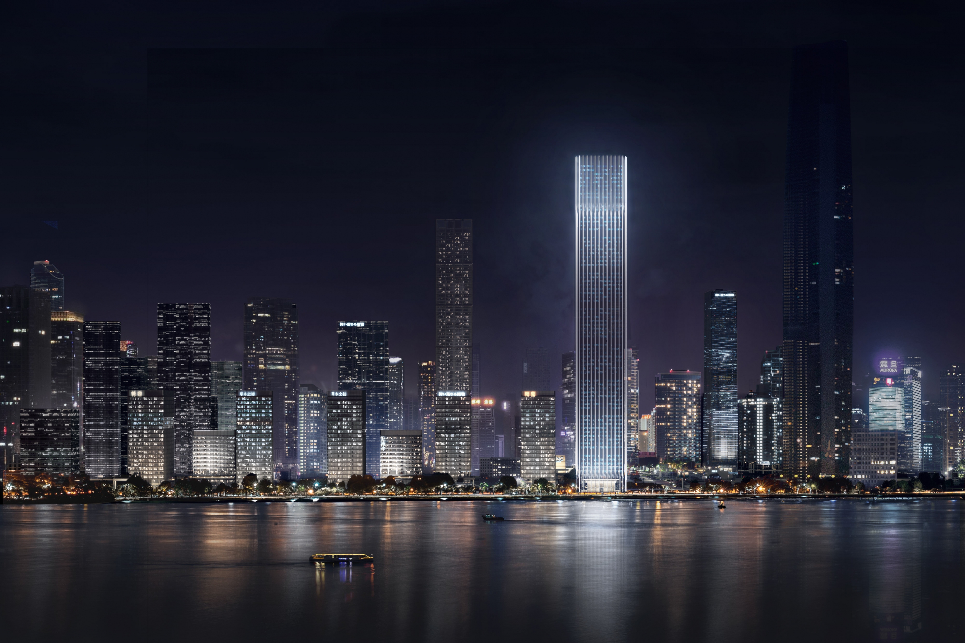 Architectural visualization of CFL Wuhan for KPF. An image shows a city with skyscrapers from distance with water in front. The image is from the ground view in the night time.