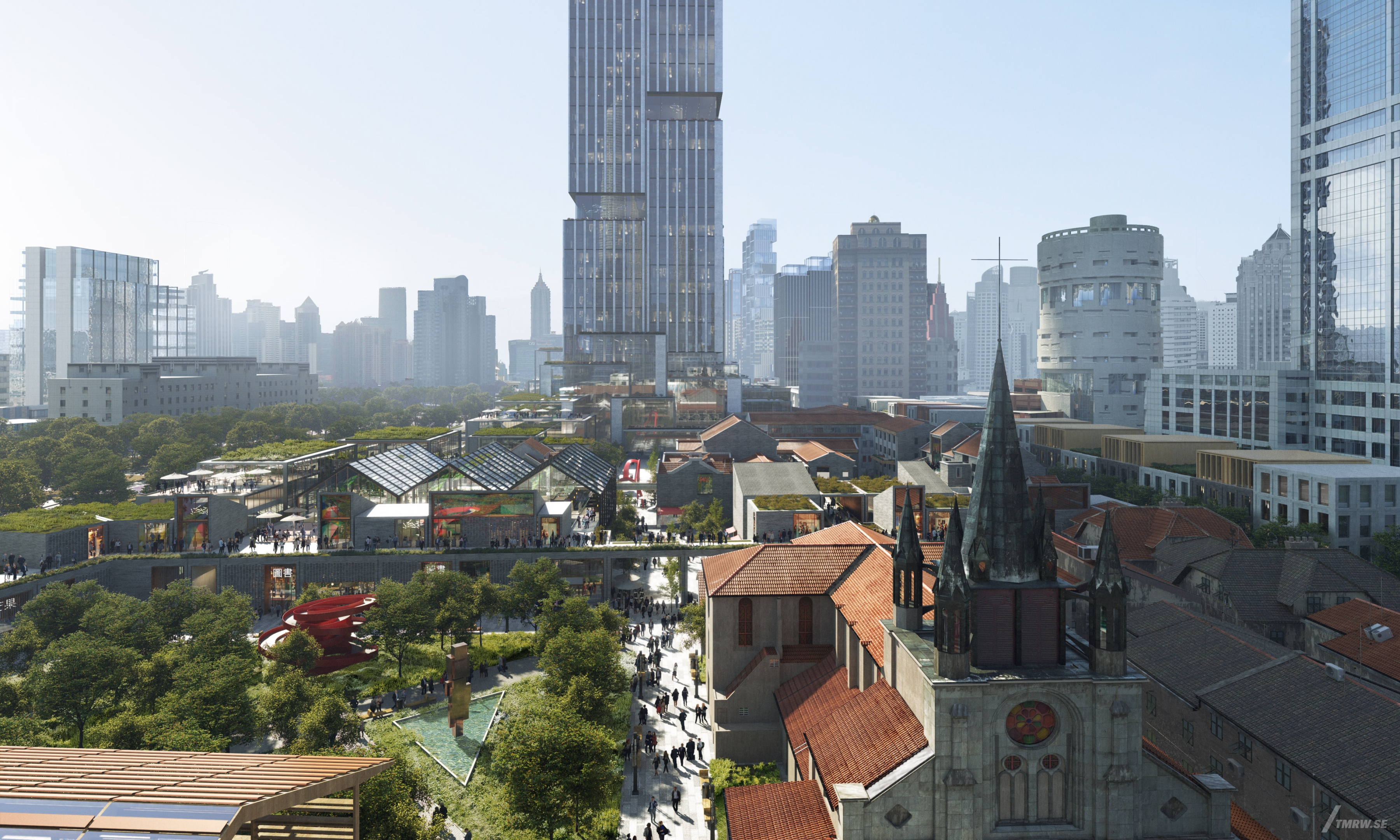 Architectural visualization of Shanghai for KPF. A image of a supertall office skyscraper in daylight. A courtyard in the front of the building. From a semi aerial view.