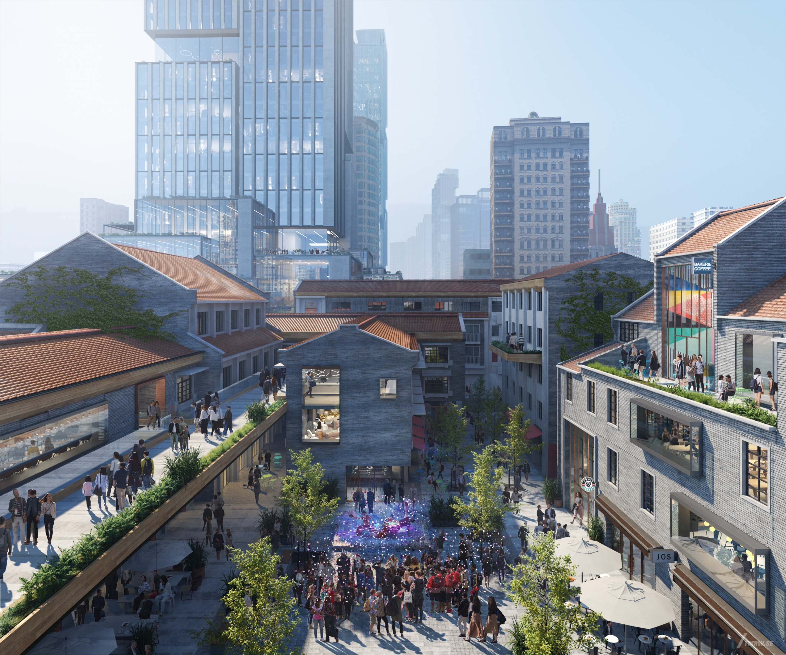 Architectural visualization of Shanghai for KPF. A image of a supertall office skyscraper in daylight. A courtyard in the front of the building. From a semi aerial view.