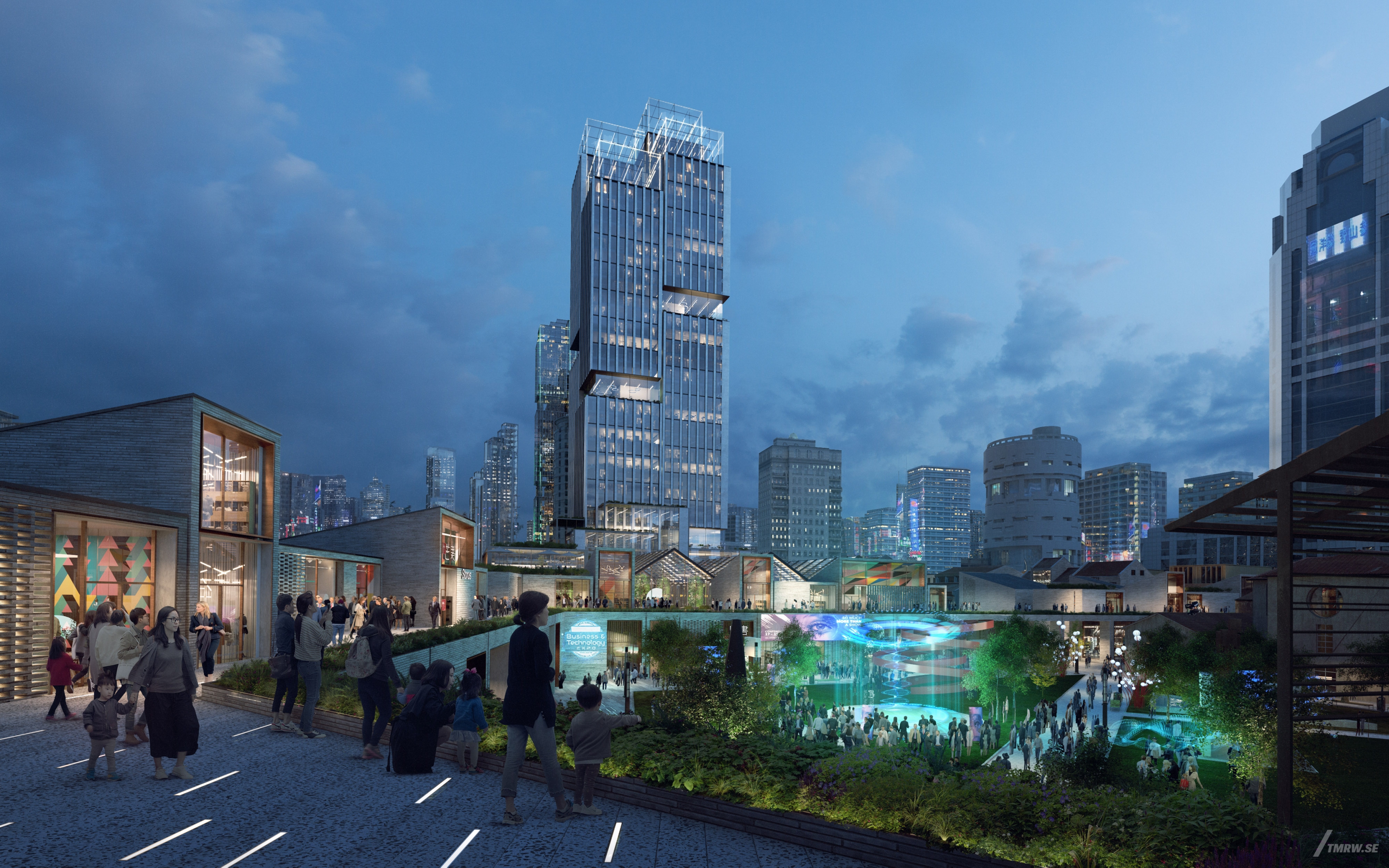 Architectural visualization of Shanghai for KPF. A image of a supertall office skyscraper at night. A courtyard in the front of the building. From a street view.