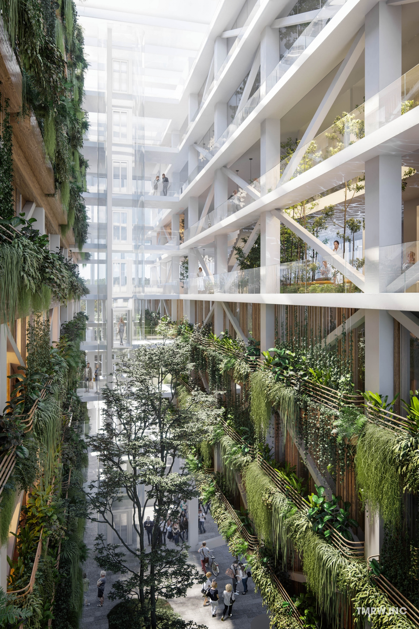 Architectural visualization of Hotel for Reflex. A image of the courtyard of a office building with plants on the balconys in daylight from semi aerial view.