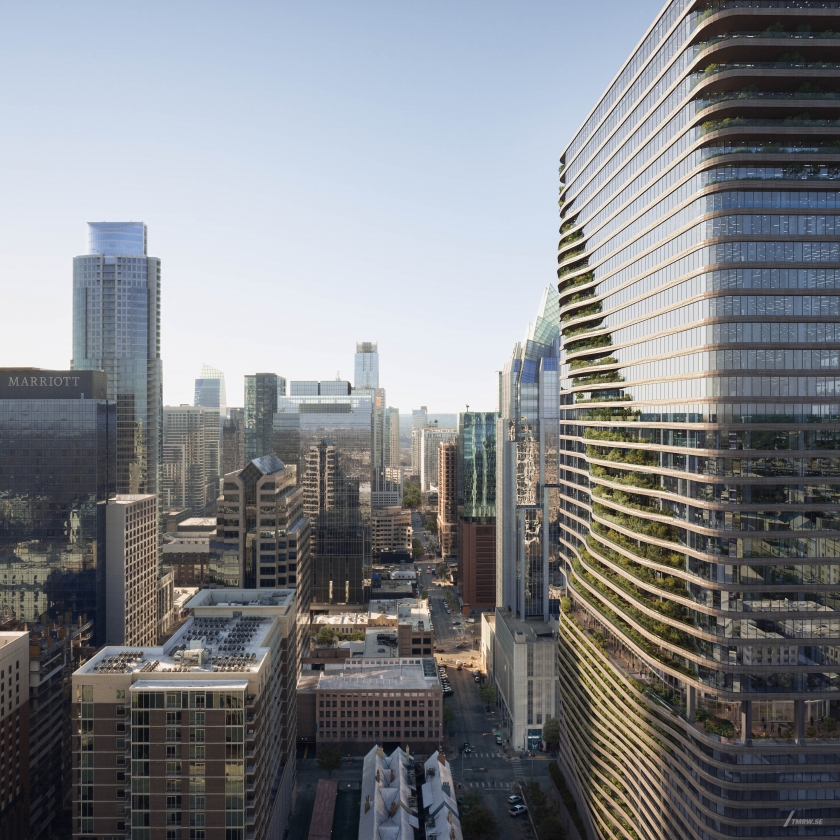 Architectural visualization of The Perennial for Cielo Property Group. A image of several skyscrapes from a semi aerial view in daylight.