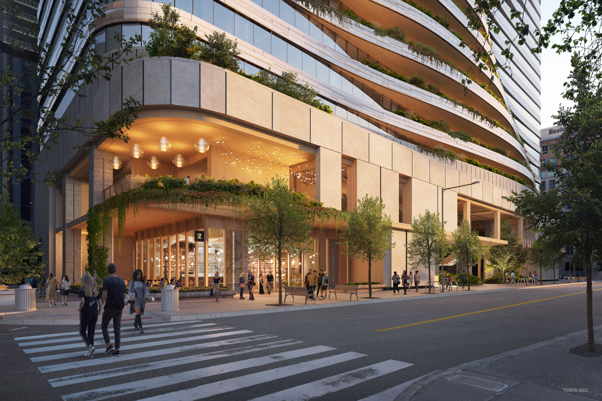 Architectural visualization of The Perennial for Cielo Property Group. A image of the exterior of a office building in daylight from street view with people walking the streets in front of.