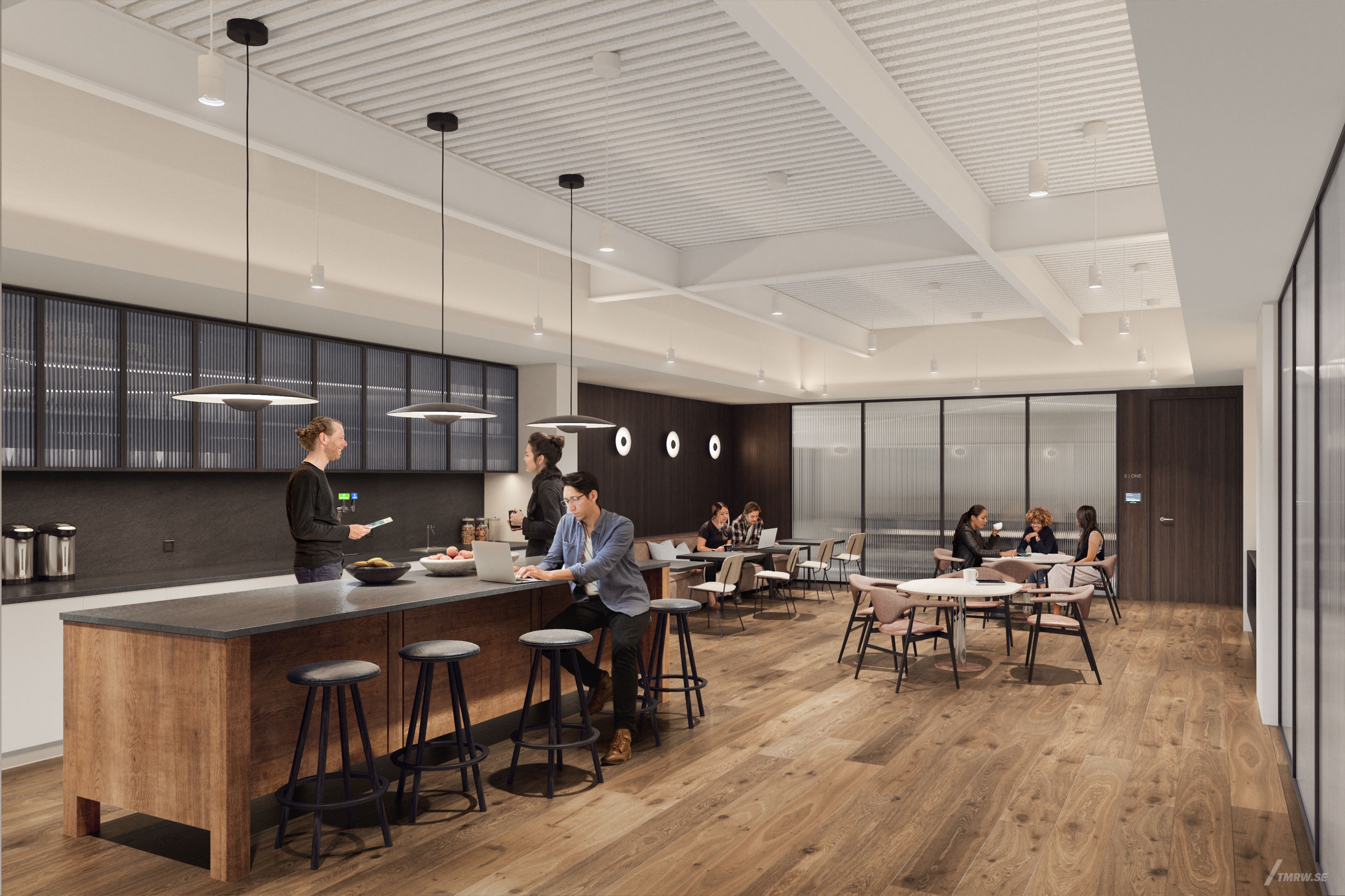 Architectural visualization of 225 Liberty for Brookfield Properties. An image of a kitchen office with people sitting at the tables in daylight.