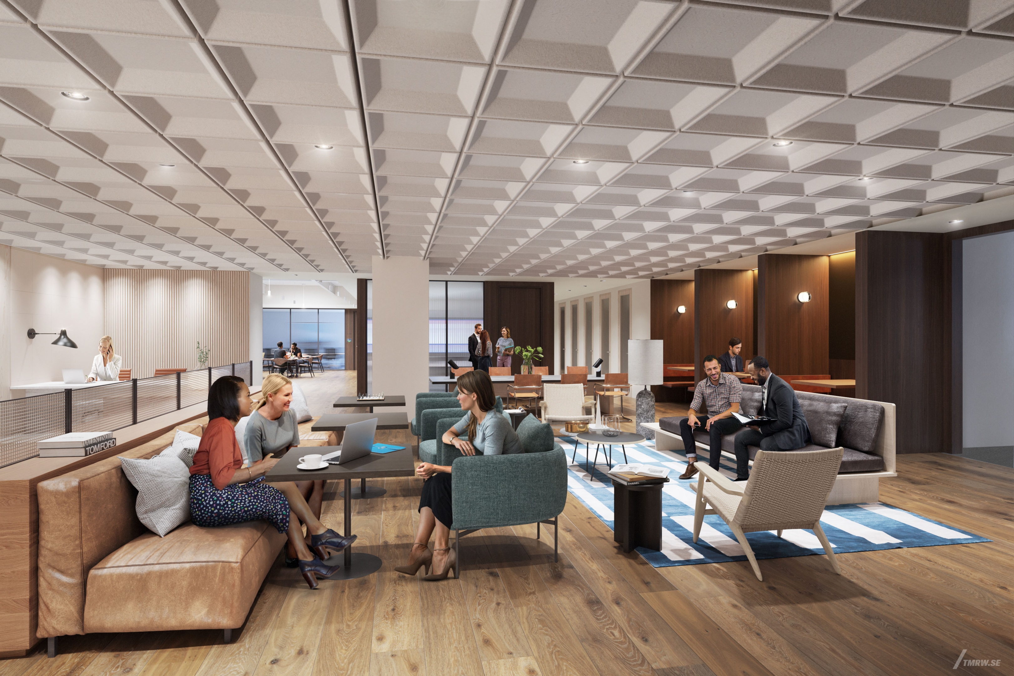 Architectural visualization of 225 Liberty for Brookfield Properties. An image of the interior of a office lobby with people sitting in the sofas in daylight.