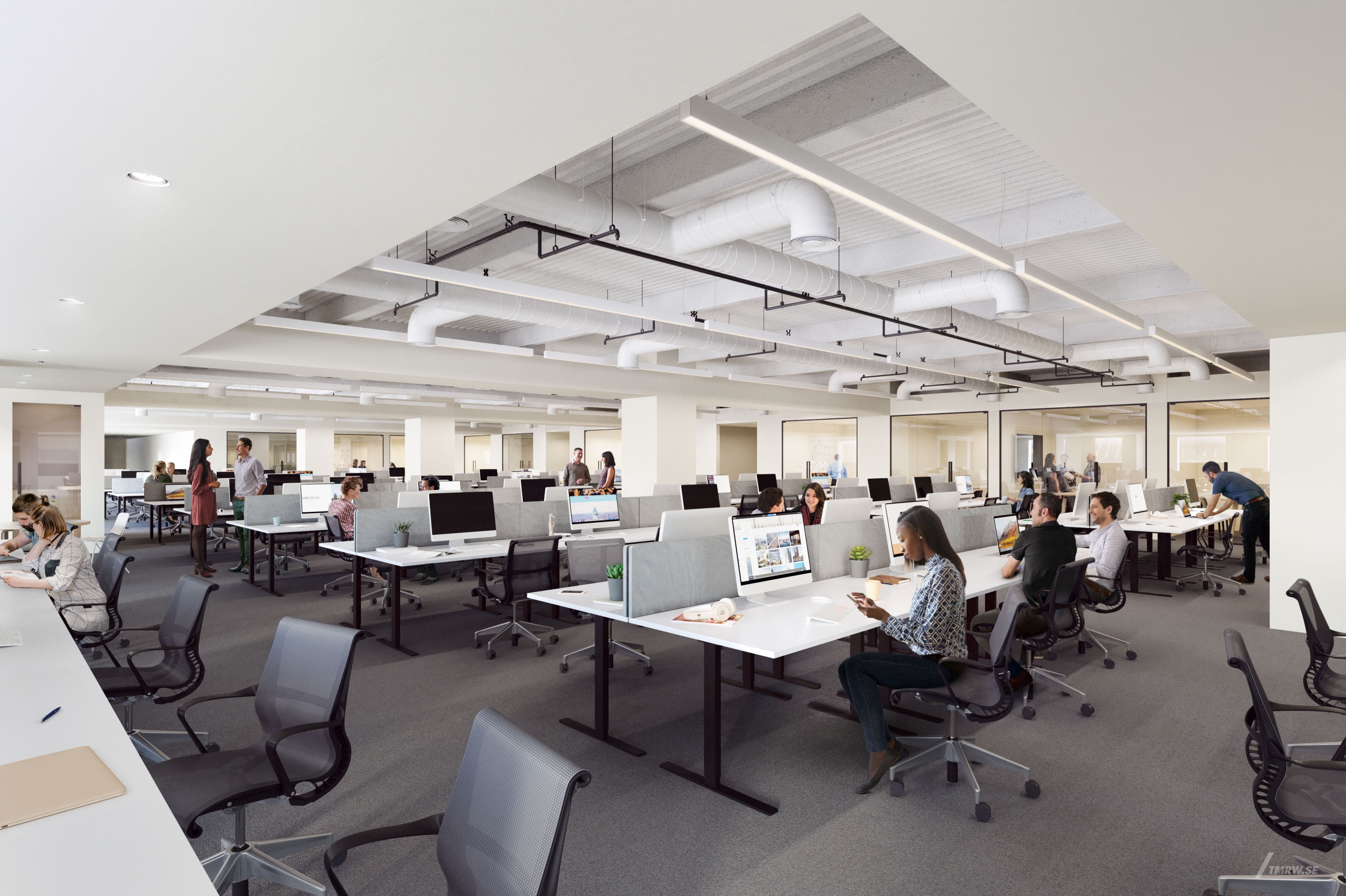 Architectural visualization of 225 Liberty for Brookfield Properties. An image of the interior of a office with people sitting by desks in daylight.