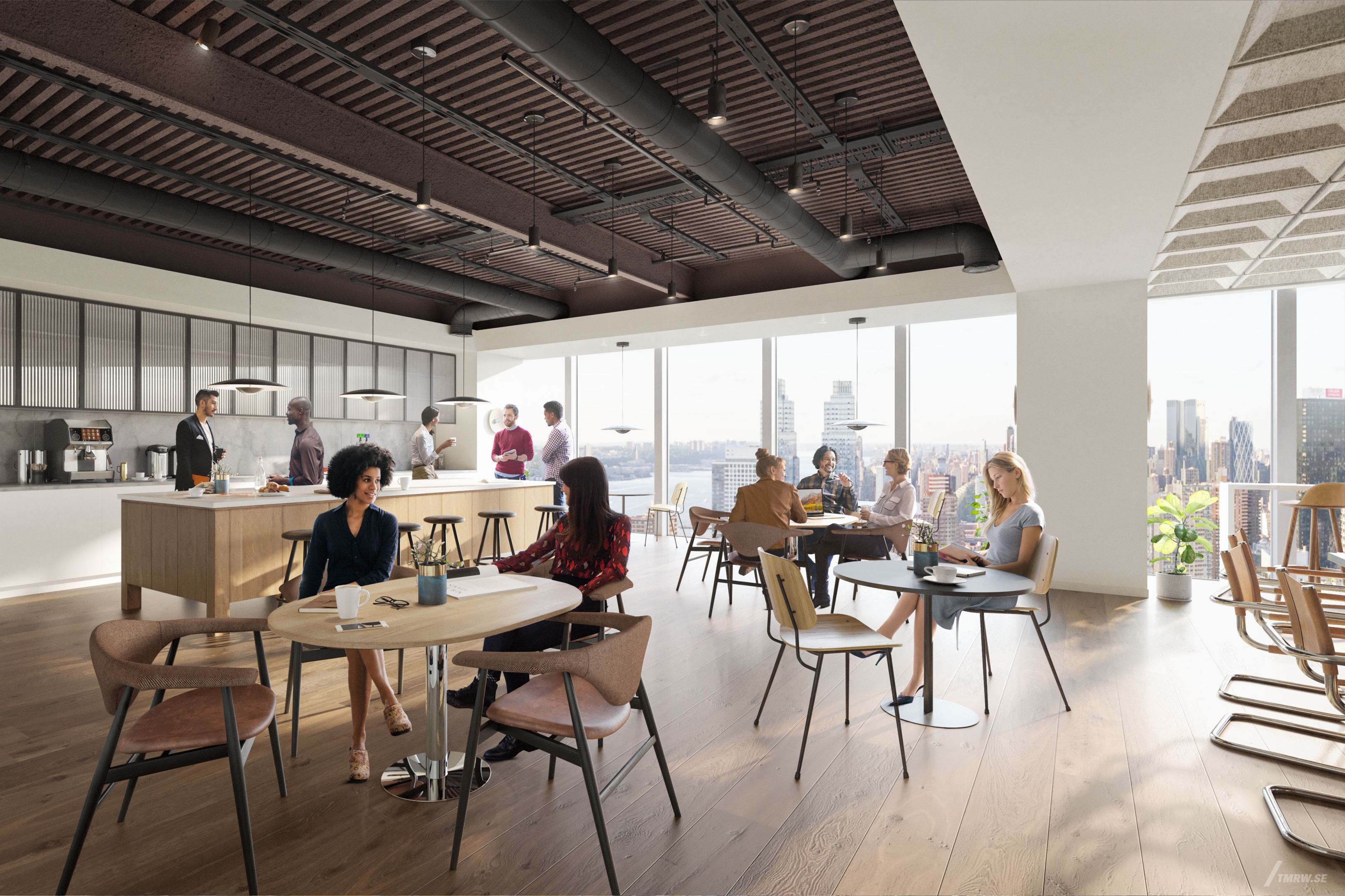 Architectural visualization of OMW for Brookfield Properties. An image of the interior of a office with people sitting the kitchen in daylight.