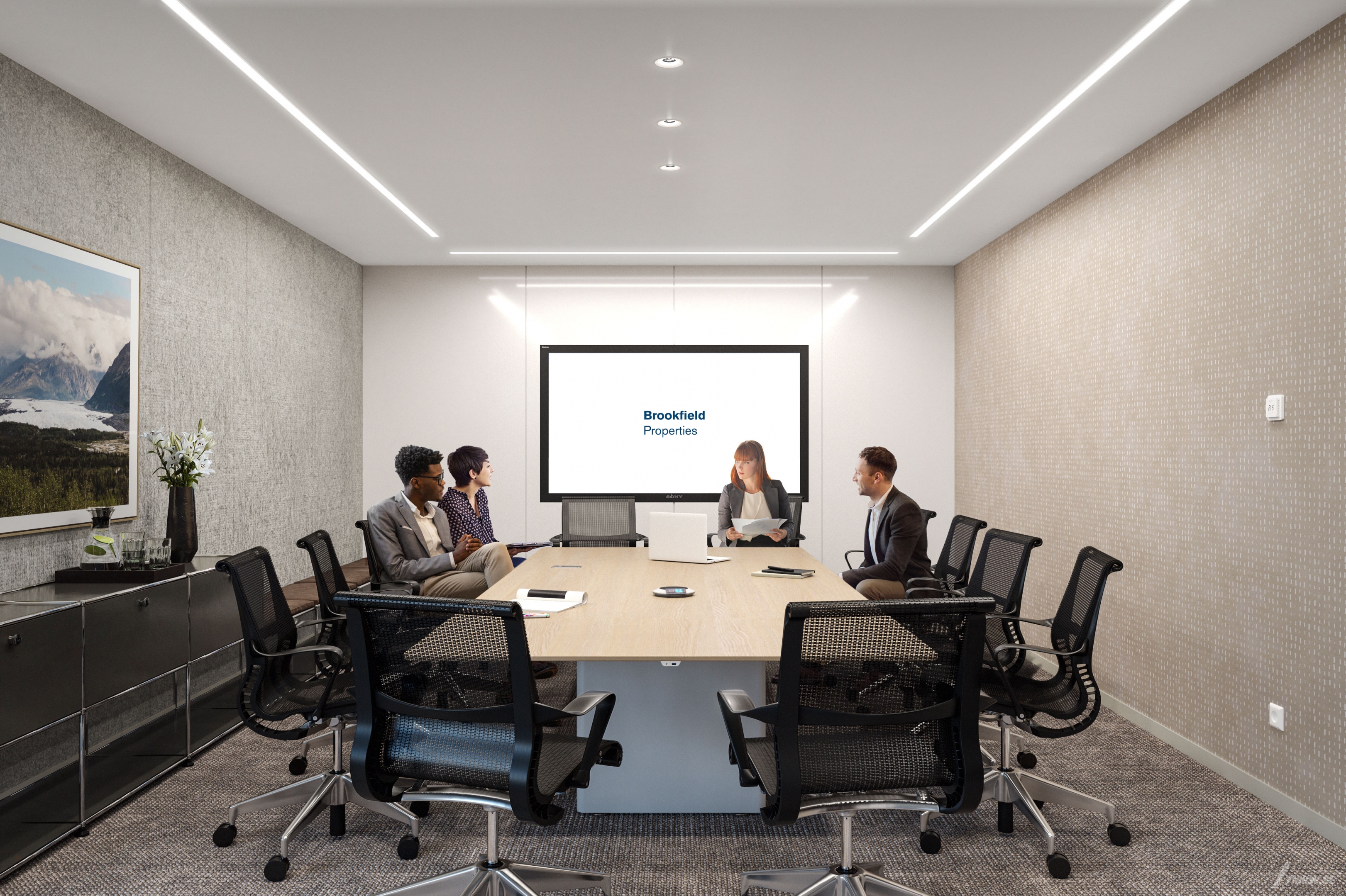 Architectural visualization of OMW for Brookfield Properties. An image of the interior of a office with people sitting a conference room in daylight.