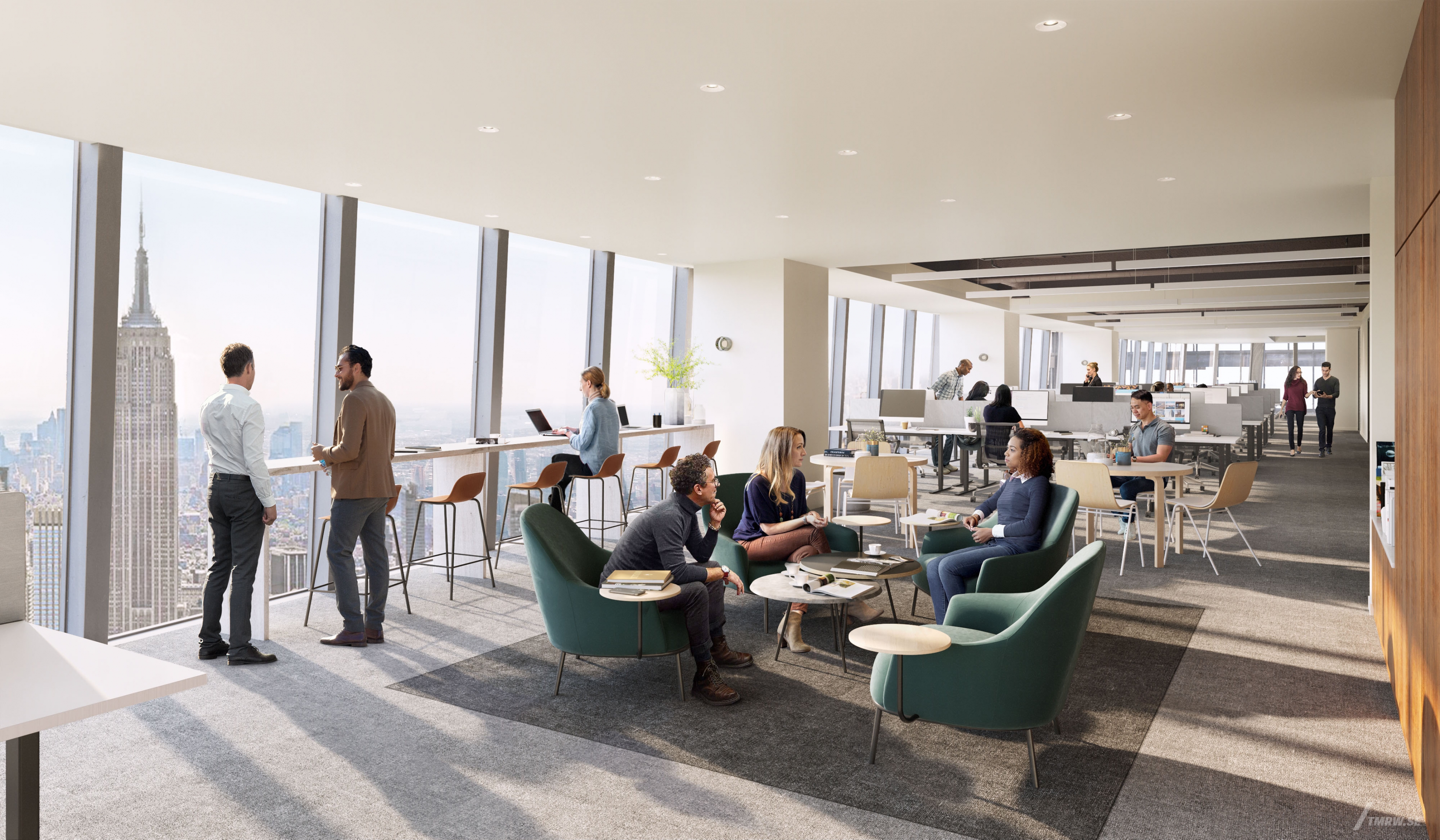 Architectural visualization of OMW for Brookfield Properties. An image of the interior of a office with people sitting in a lounge group in daylight.