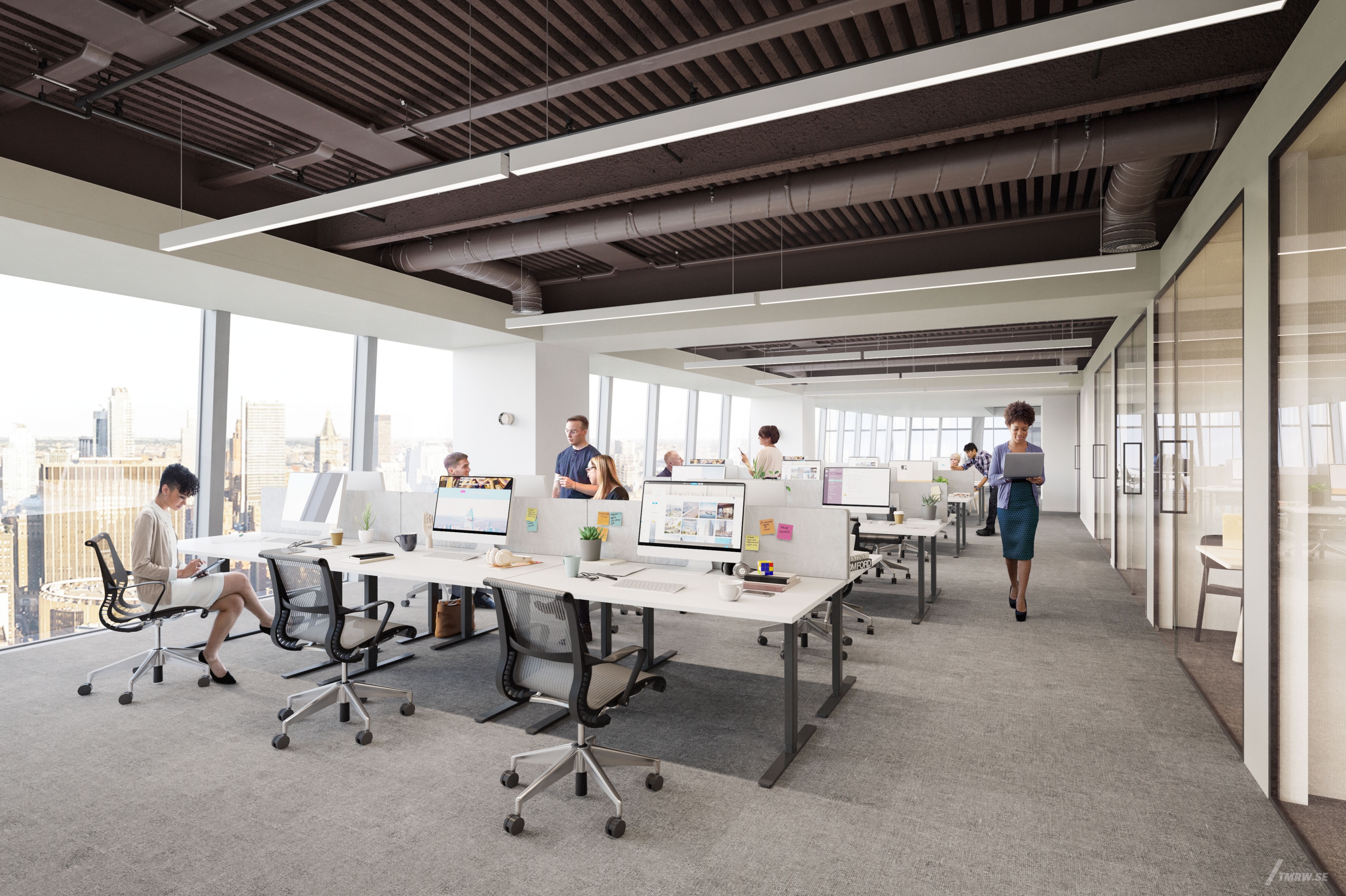 Architectural visualization of OMW for Brookfield Properties. An image of the interior of a office with people sitting by desks in daylight.