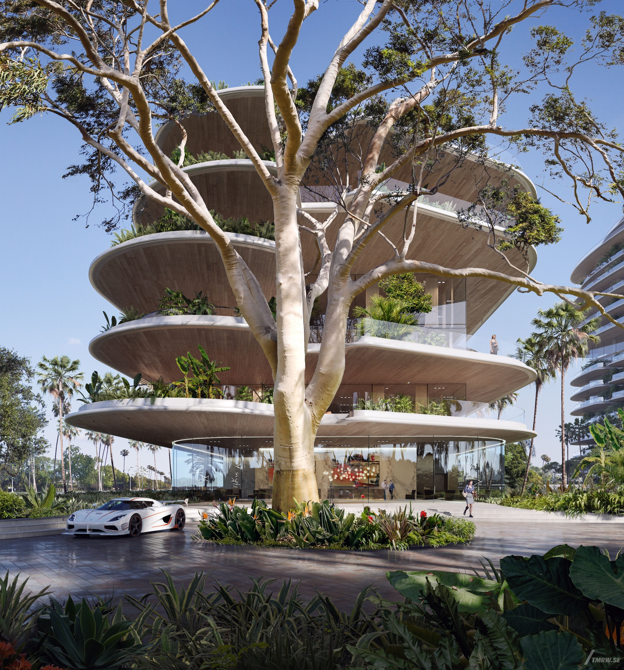 Architectural visualization of One Beverly Hills for Foster & Partners. An image of the exterior of a residential building integrated with nature in daylight.