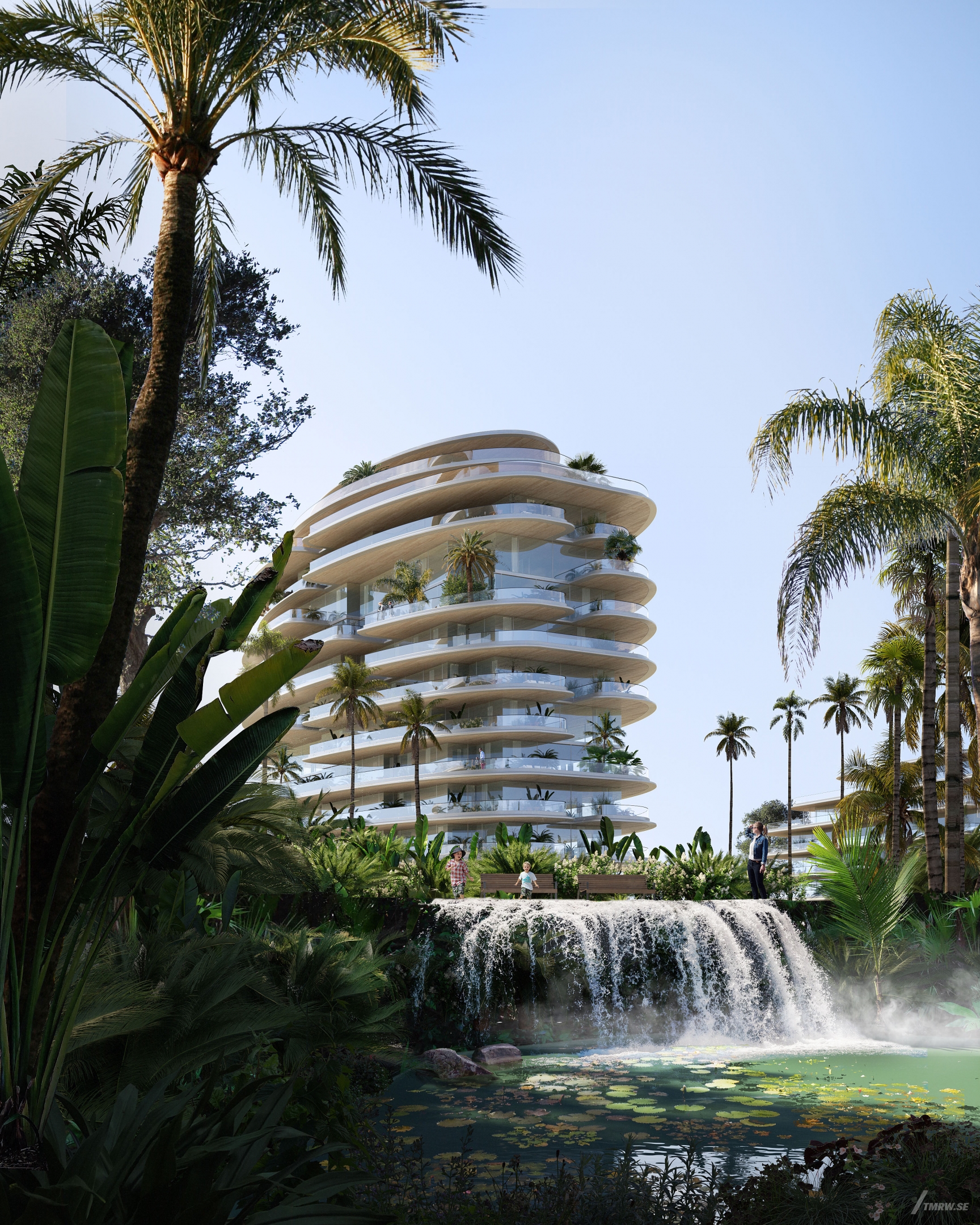 Architectural visualization of One Beverly Hills for Foster & Partners. An image of the exterior of a residential building integrated with nature in daylight. With a waterfall infront.