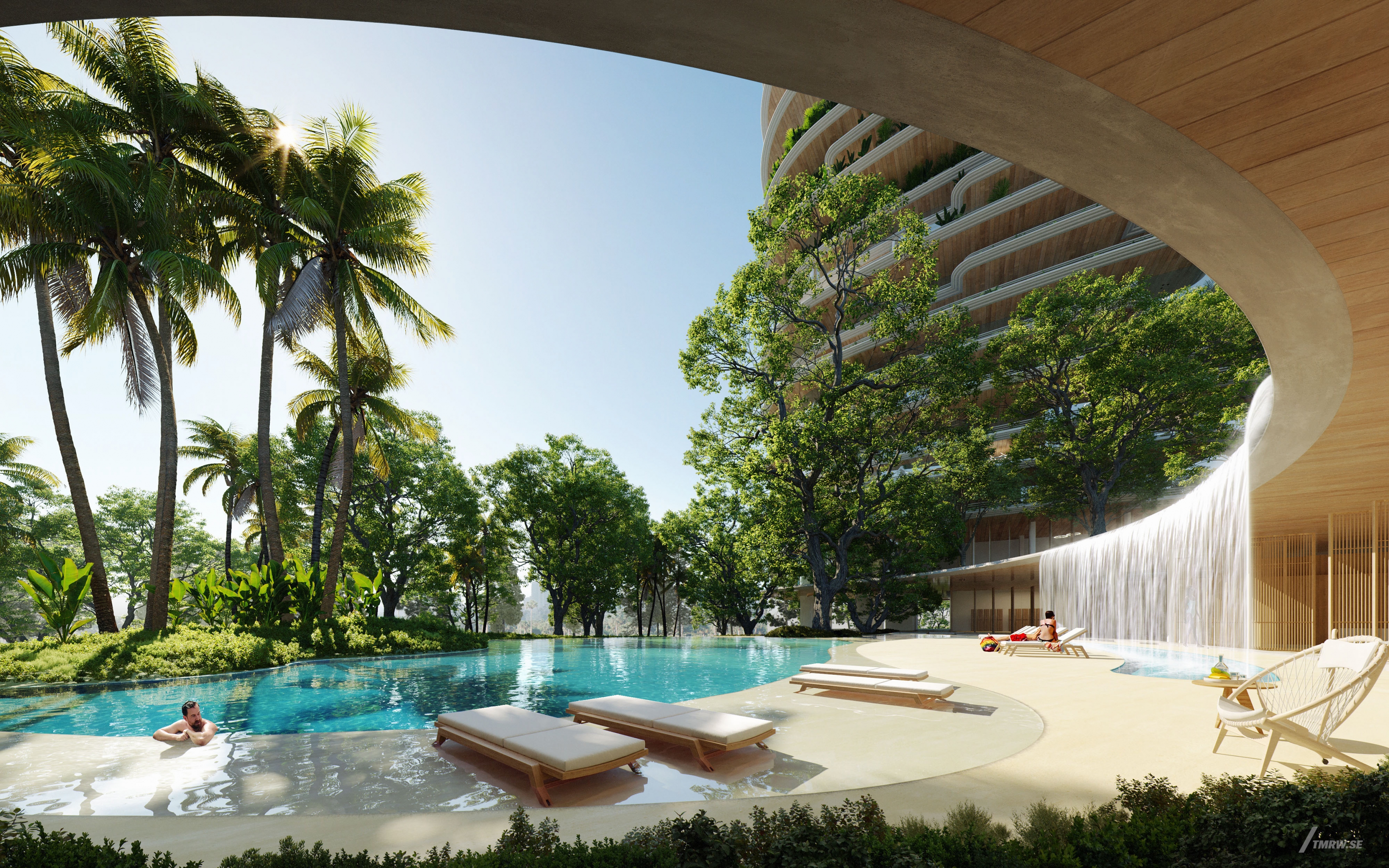 Architectural visualization of One Beverly Hills for Foster & Partners. An image of a backyard of a residential building. With a swimming pool and sunbeds in daylight. Waterfall from the roof.