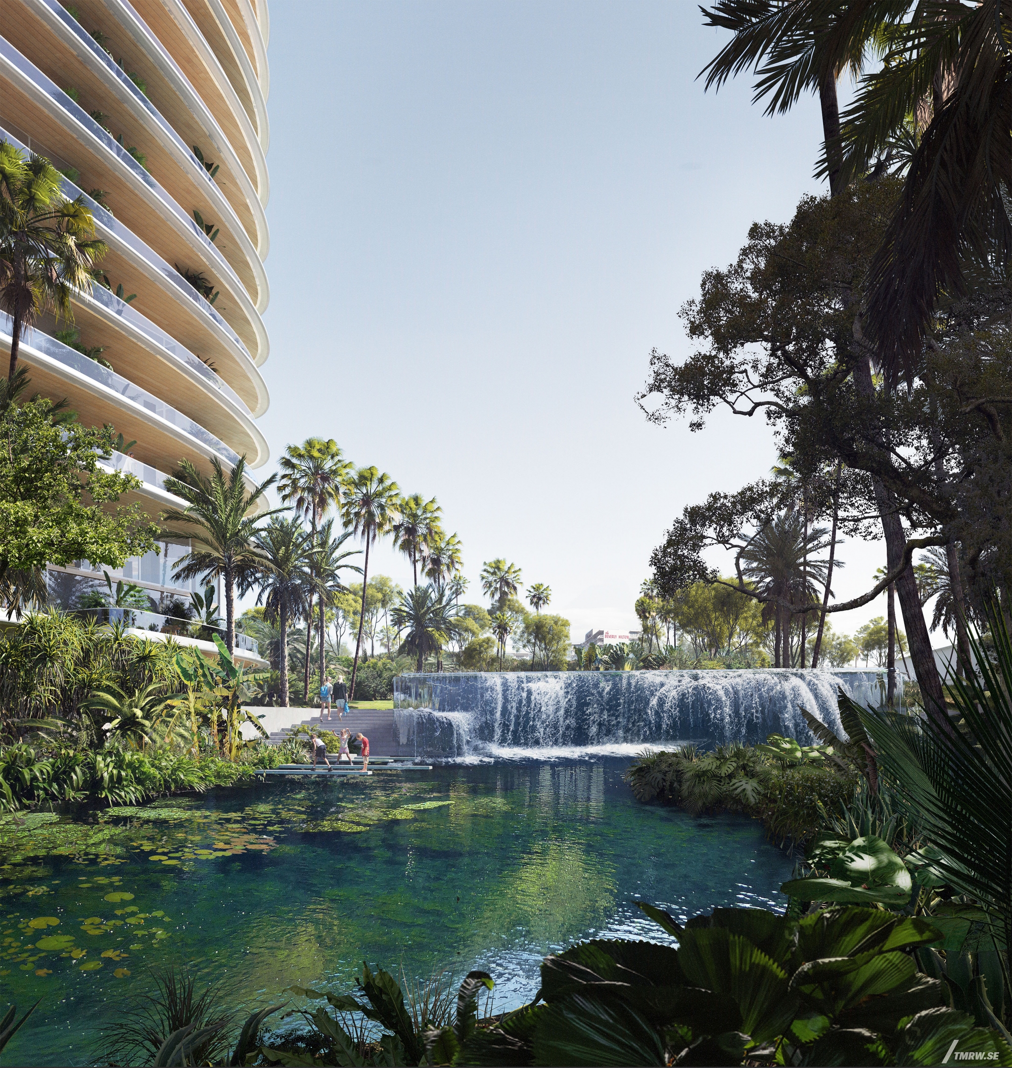 Architectural visualization of One Beverly Hills for Foster & Partners. An image of a backyard of a residential building. A pond with a waterfall surrounded by plants in daylight.