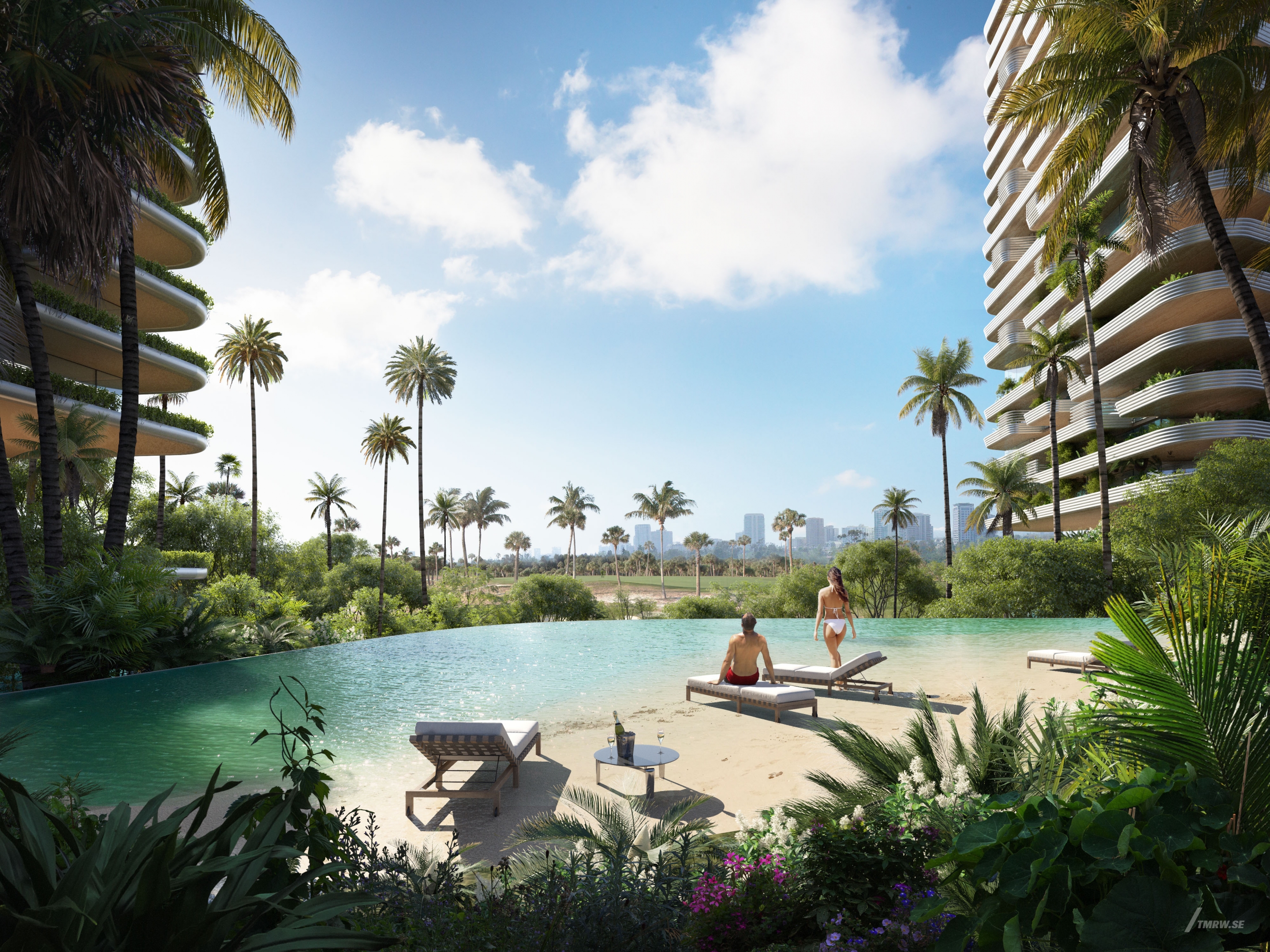 Architectural visualization of One Beverly Hills for Foster & Partners. An image of a backyard of a residential building. A sand beach with people sunbathing in daylight. Surrounded by palms.