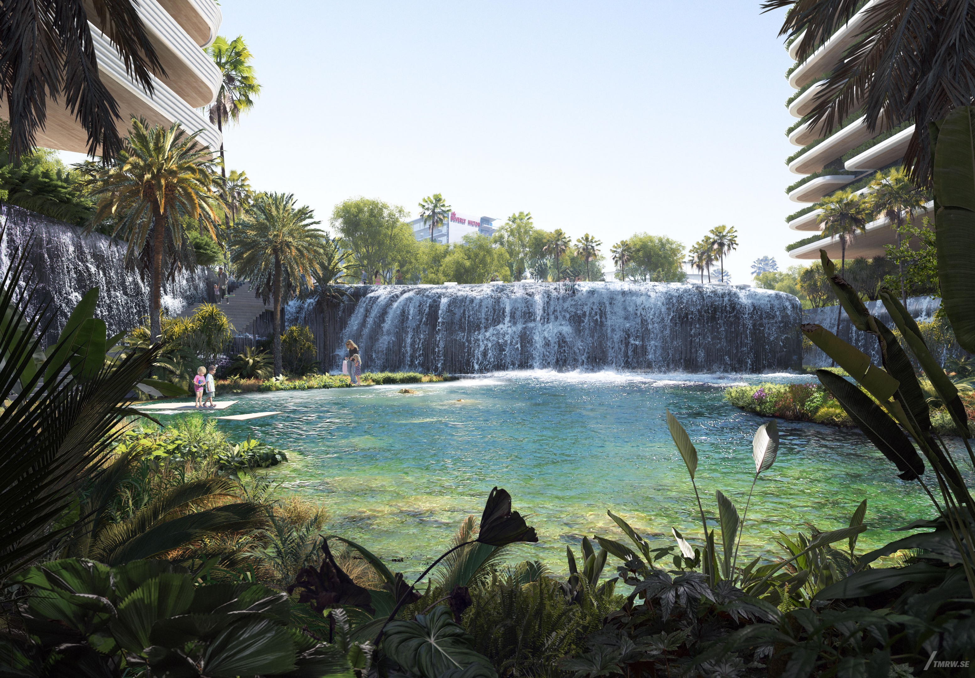 Architectural visualization of One Beverly Hills for Foster & Partners. An image of a backyard of a residential building. A pond with a waterfall surrounded by plants in daylight.