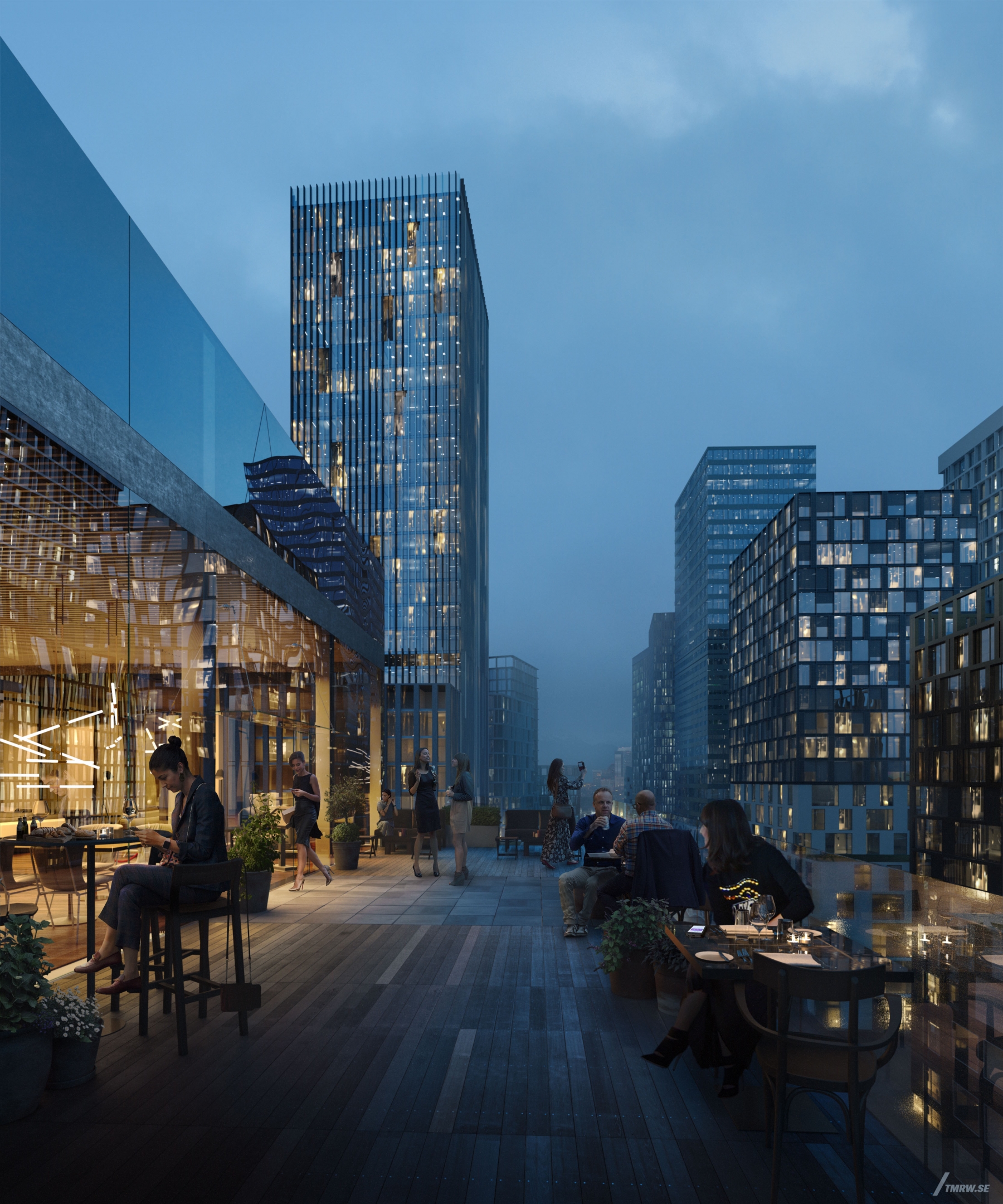 Architectural visualization of Flemingsberg for Fabege. An image of a roof top terrace with people dining. Skyscrapes in the background at night from semi aerial view.