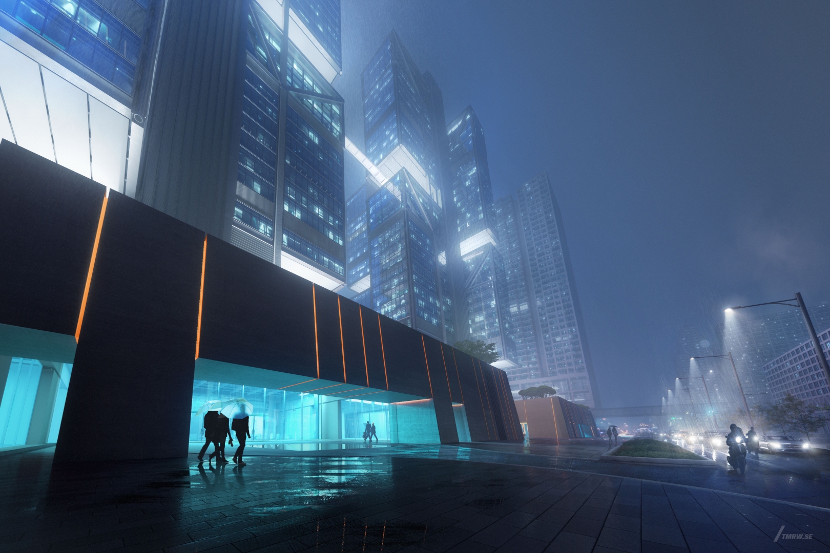 Architectural visualization of DJI for Foster + Partners. An image of the exterior of several office buildings at night while raining from street view.